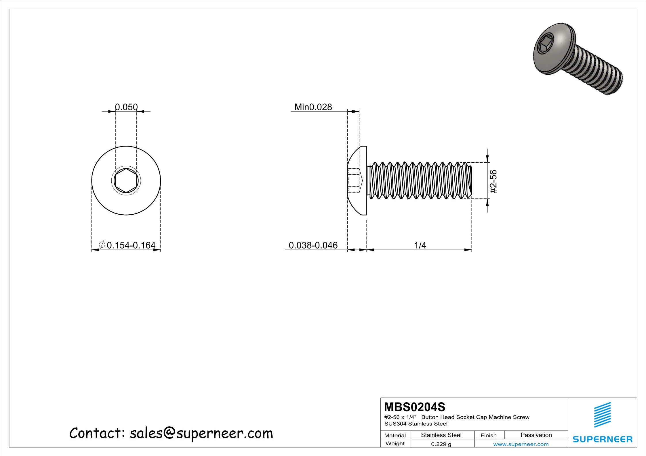 2-56 x 1/4"  Button Head Socket Cap Machine Screw SUS304 Stainless Steel Inox