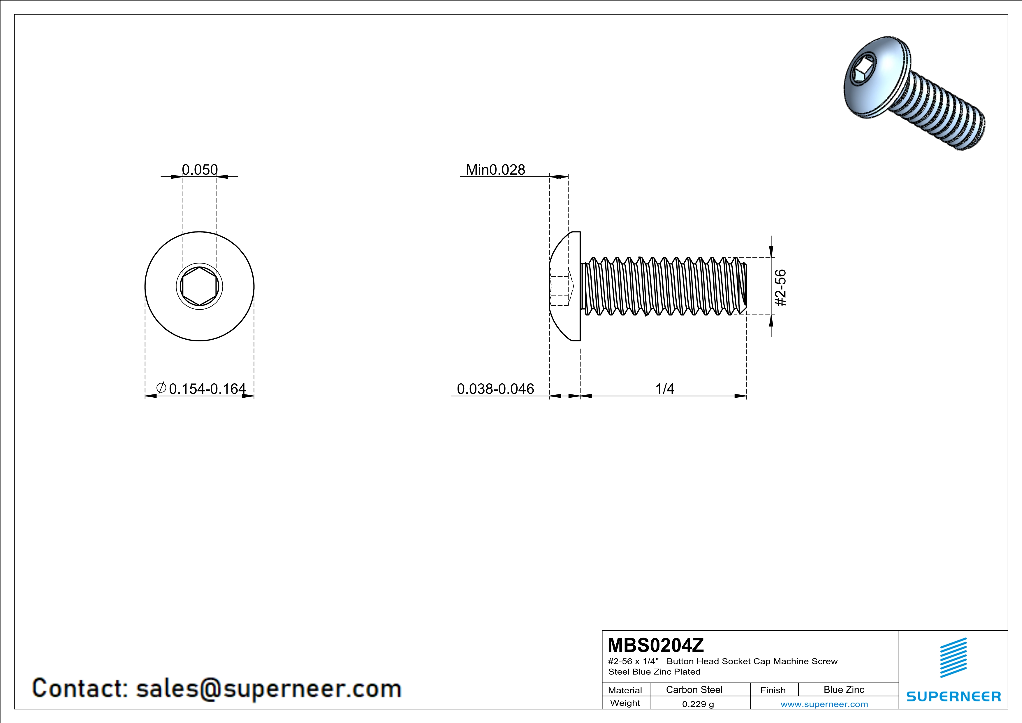 2-56 x 1/4" Button Head Socket Cap Machine Screw Steel Blue Zinc Plated