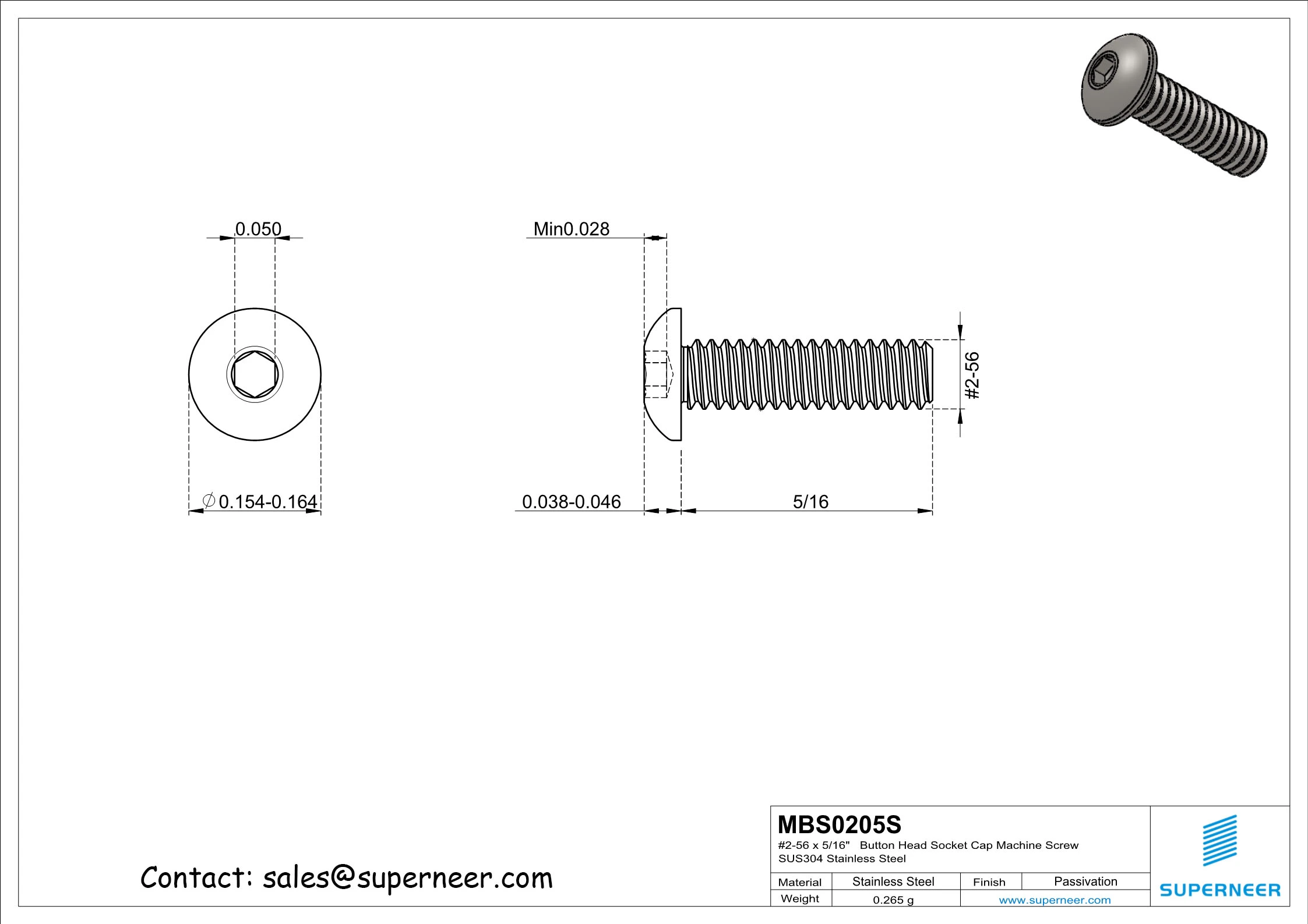 2-56 x 5/16"   Button Head Socket Cap Machine Screw SUS304 Stainless Steel Inox