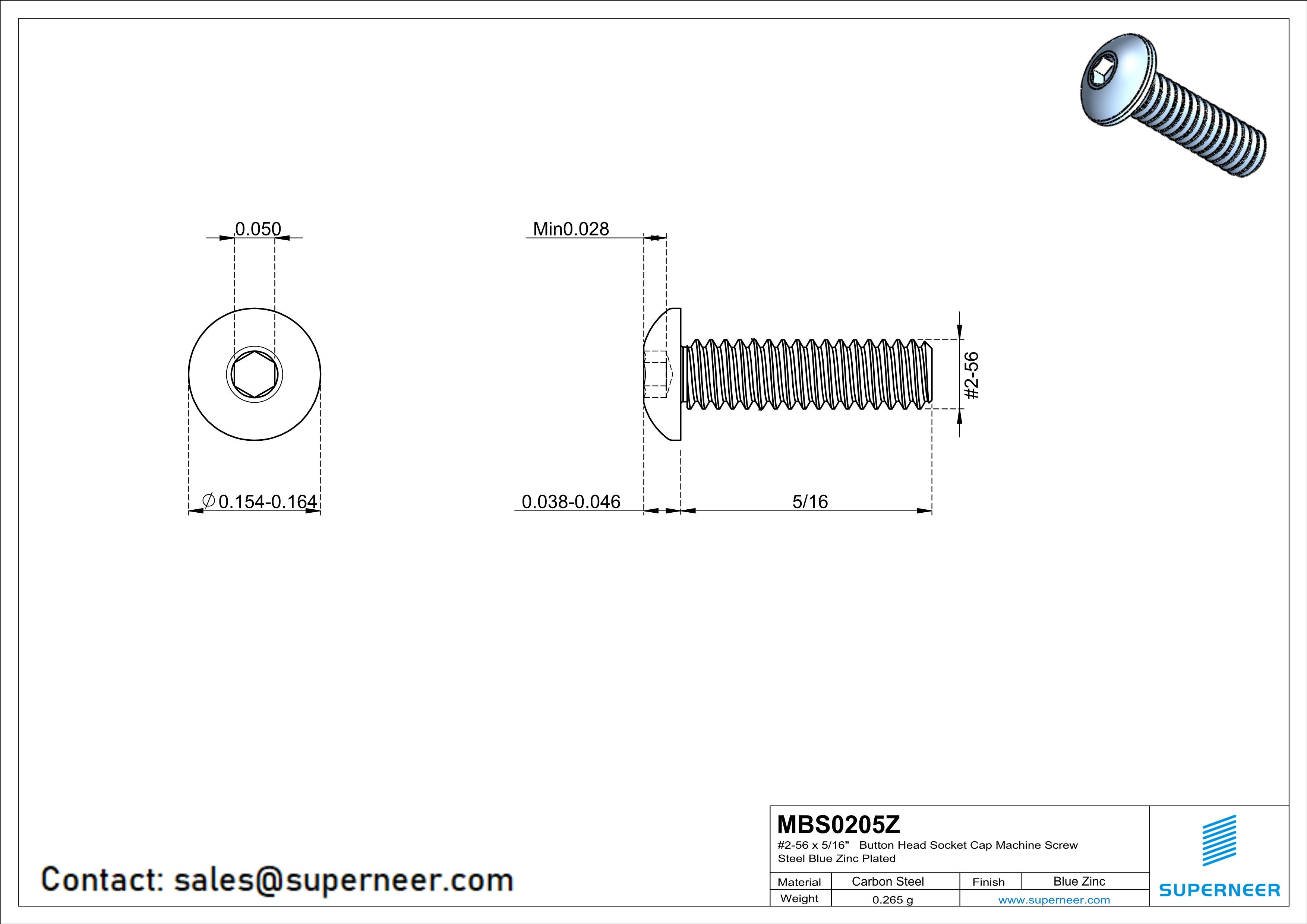 2-56 x 5/16"  Button Head Socket Cap Machine Screw Steel Blue Zinc Plated