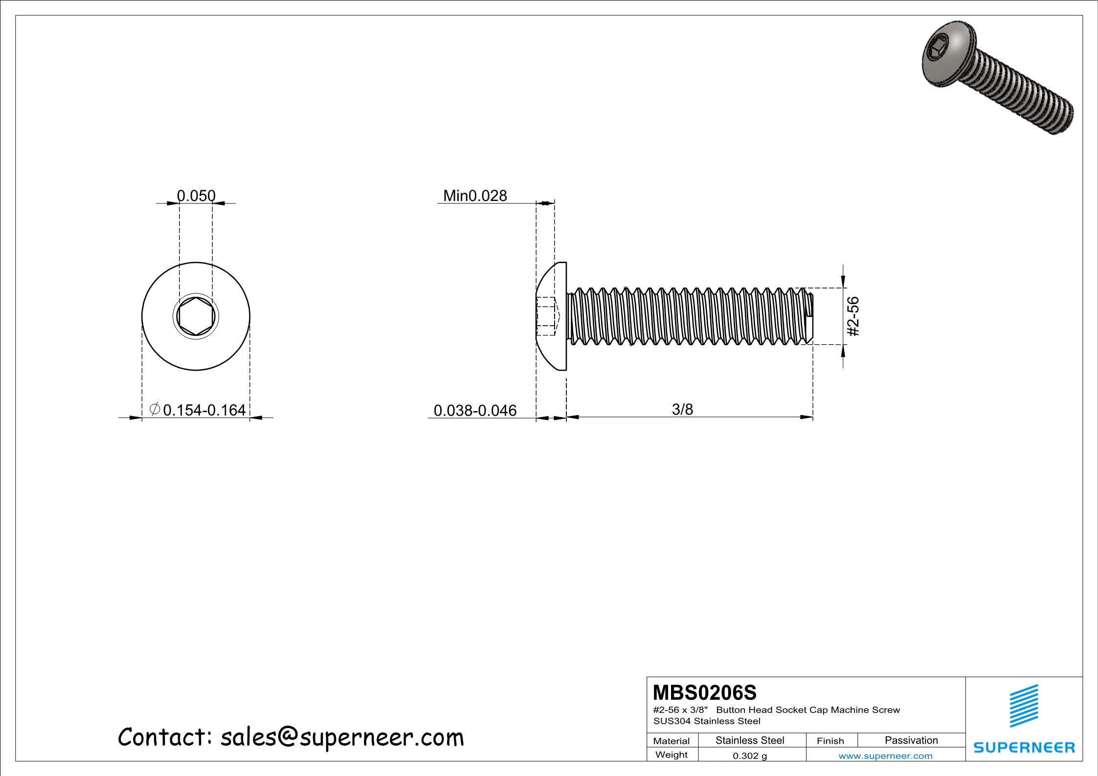 2-56 x 3/8"  Button Head Socket Cap Machine Screw SUS304 Stainless Steel Inox