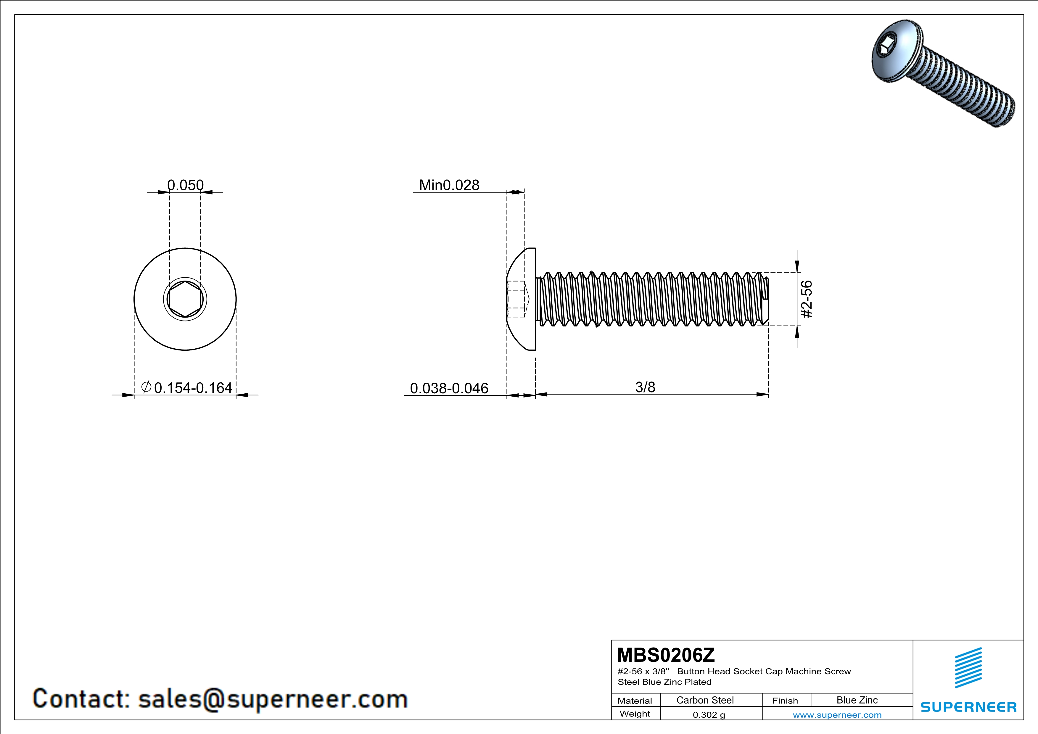 2-56 x 3/8" Button Head Socket Cap Machine Screw Steel Blue Zinc Plated