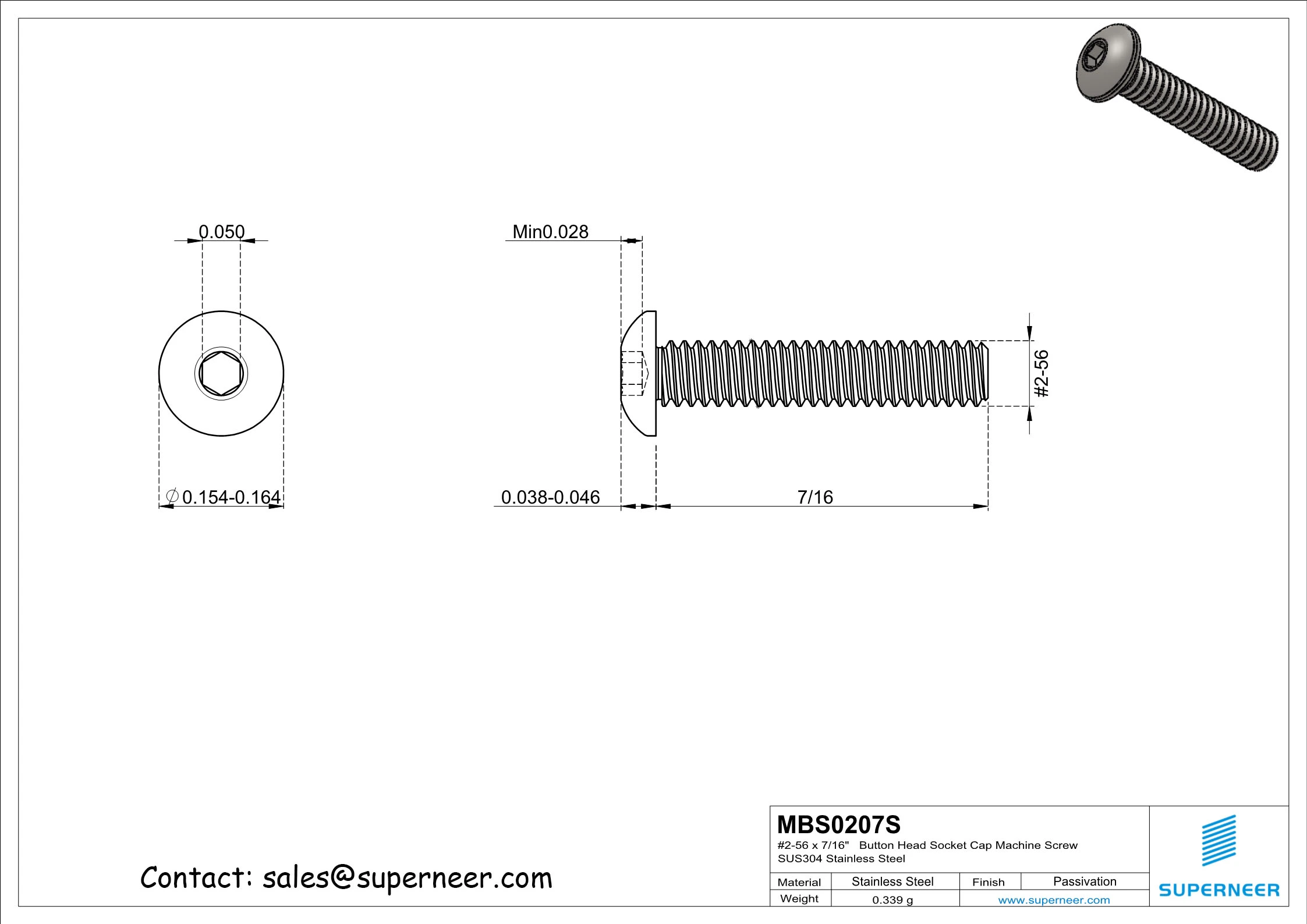 2-56 x 7/16"  Button Head Socket Cap Machine Screw SUS304 Stainless Steel Inox