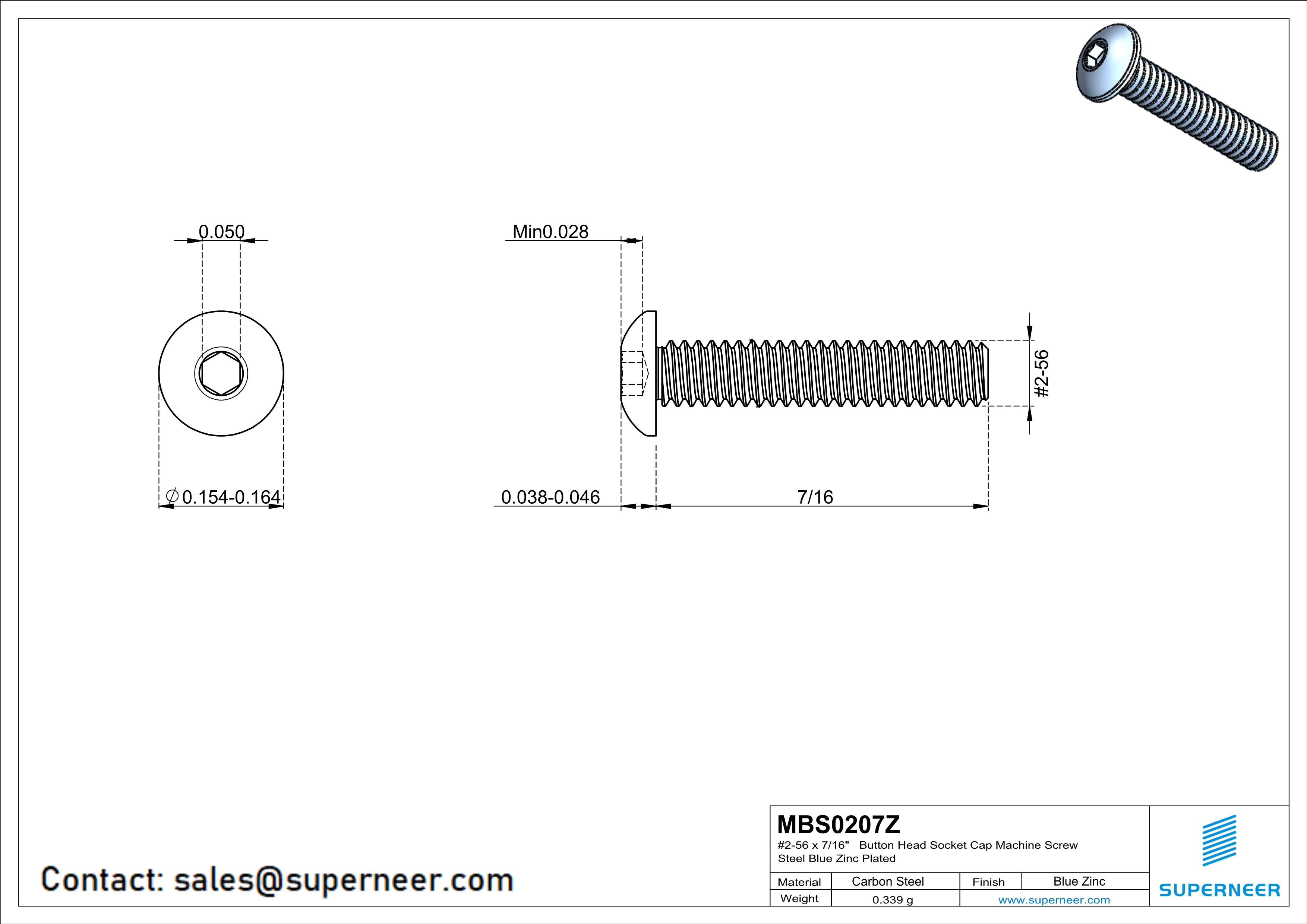 2-56 x 7/16" Button Head Socket Cap Machine Screw Steel Blue Zinc Plated
