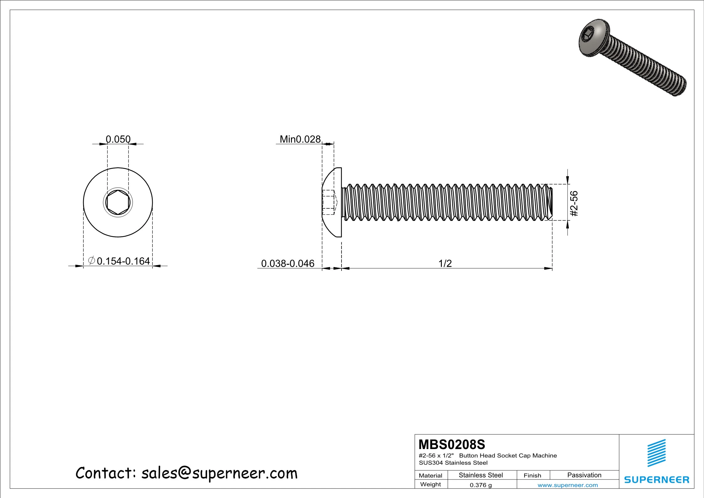 2-56 x 1/2"  Button Head Socket Cap Machine Screw SUS304 Stainless Steel Inox