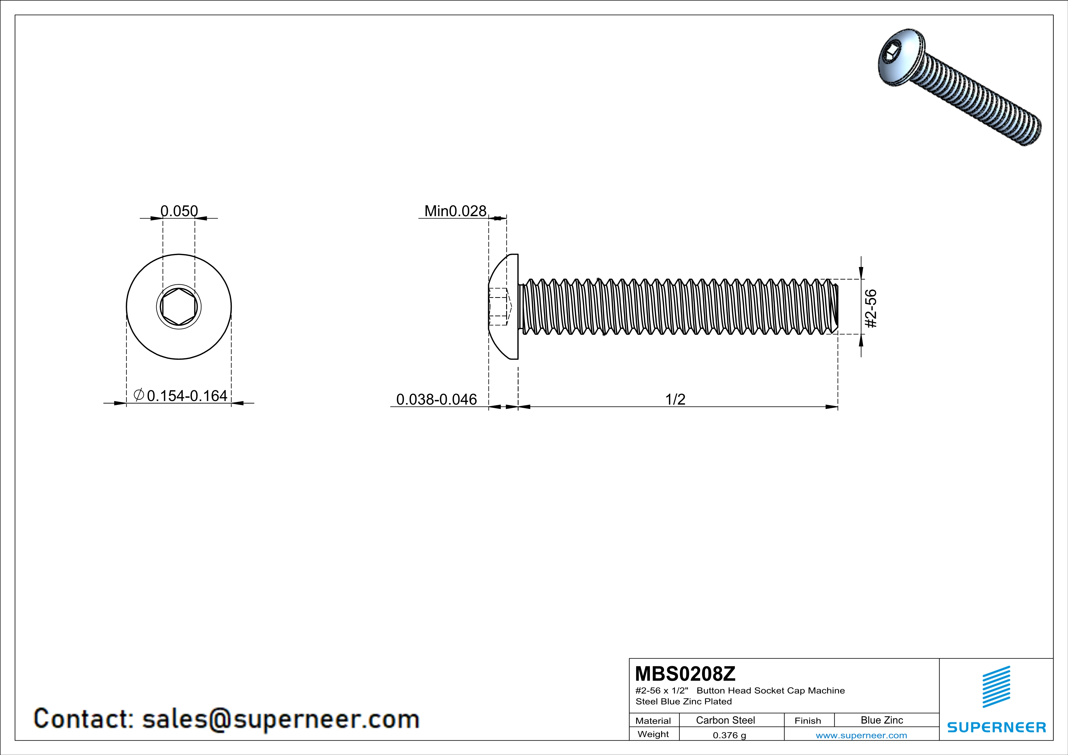 2-56 x 1/2" Button Head Socket Cap Machine Screw Steel Blue Zinc Plated