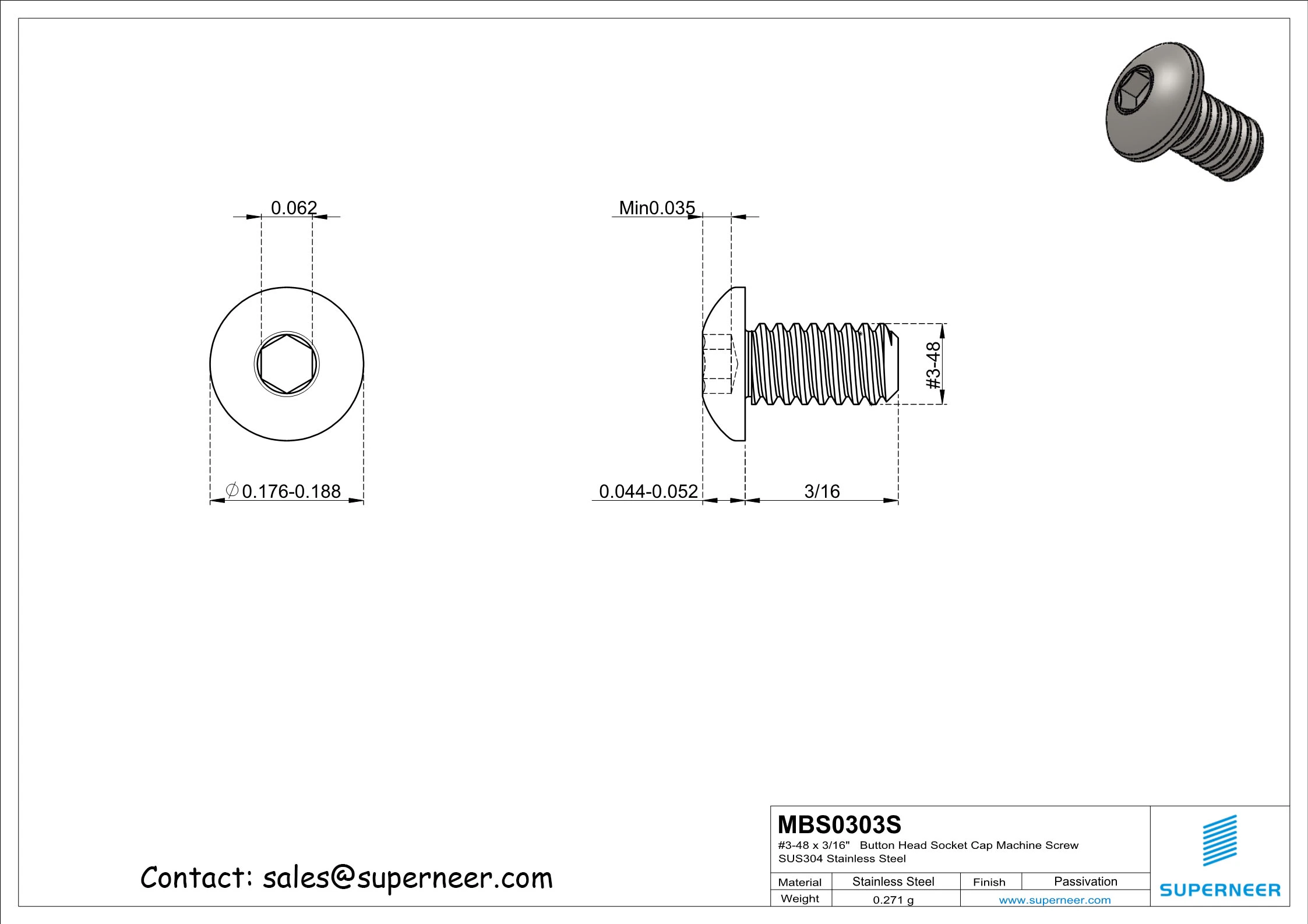 3-48 x 3/16"   Button Head Socket Cap Machine Screw SUS304 Stainless Steel Inox