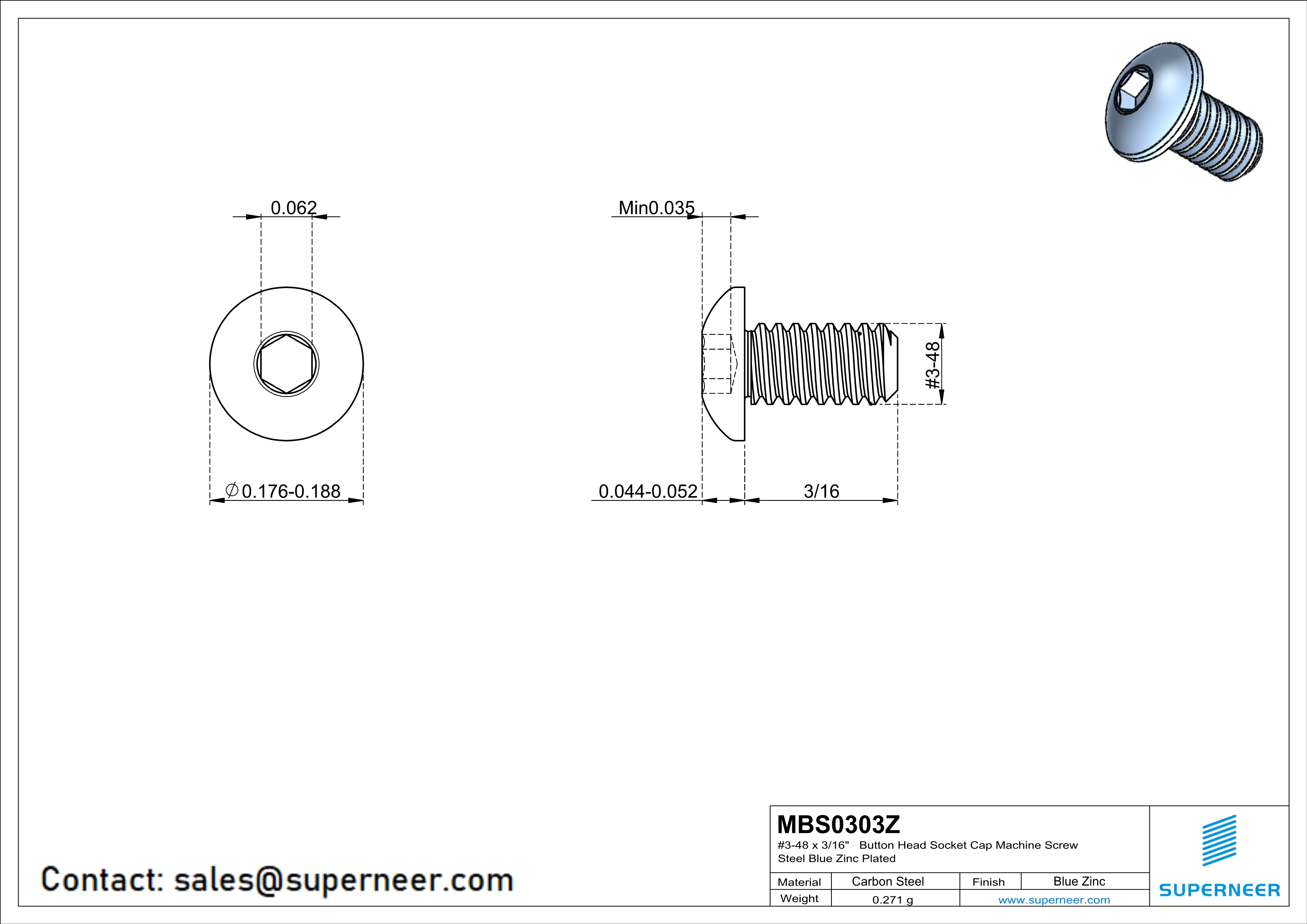 3-48 x 3/16"  Button Head Socket Cap Machine Screw Steel Blue Zinc Plated