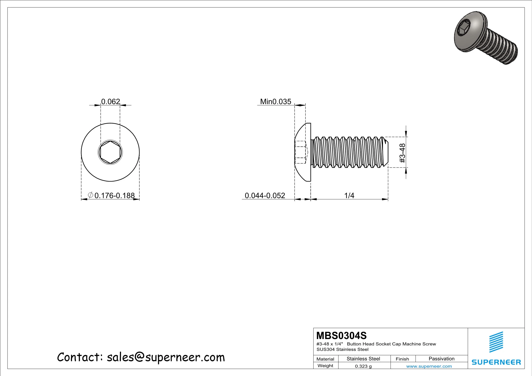 3-48 x 1/4"  Button Head Socket Cap Machine Screw SUS304 Stainless Steel Inox