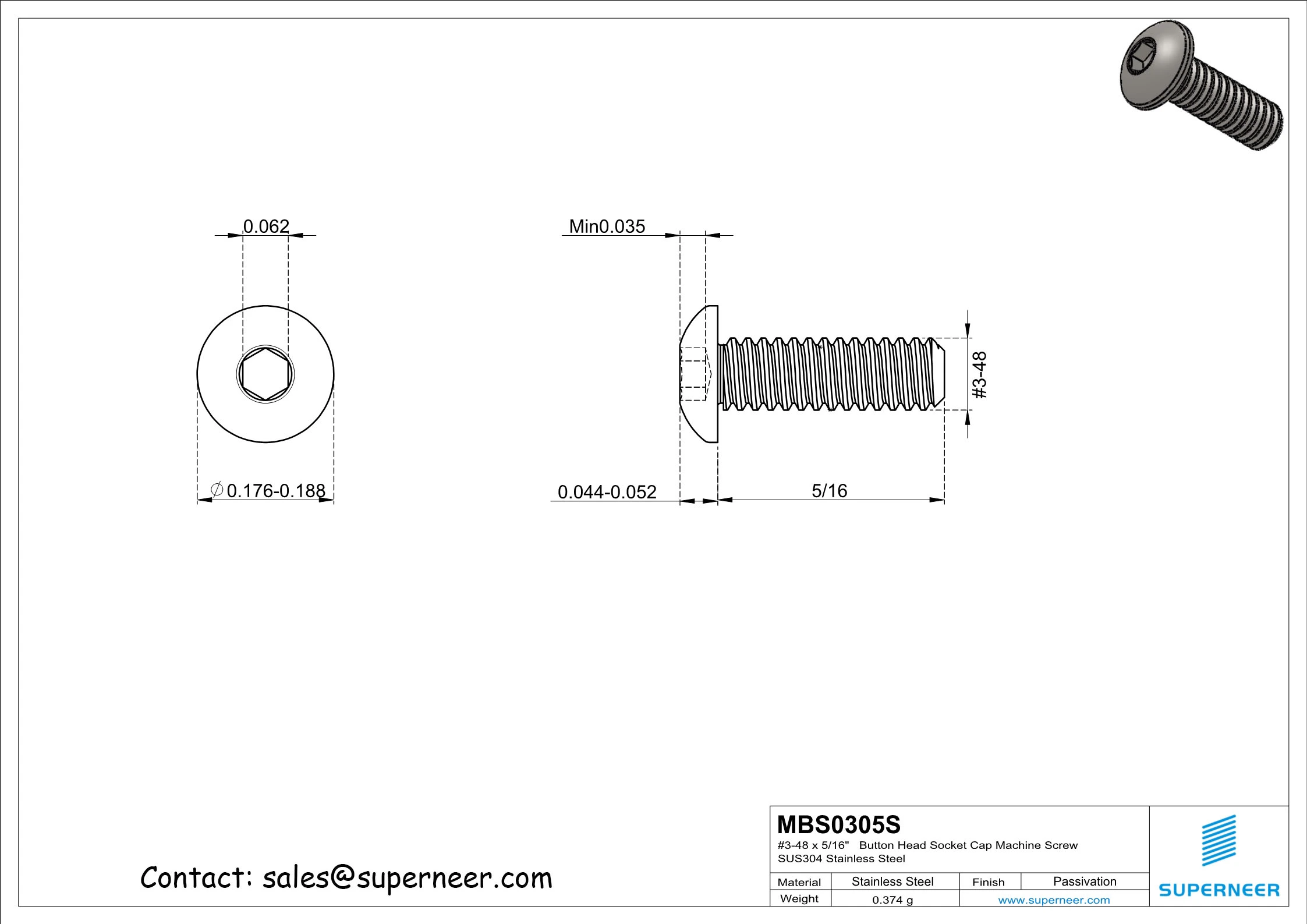 3-48 x 5/16"   Button Head Socket Cap Machine Screw SUS304 Stainless Steel Inox