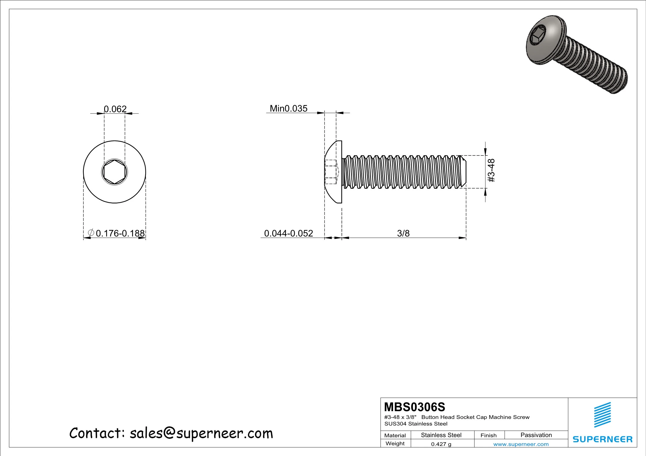 3-48 x 3/8"  Button Head Socket Cap Machine Screw SUS304 Stainless Steel Inox