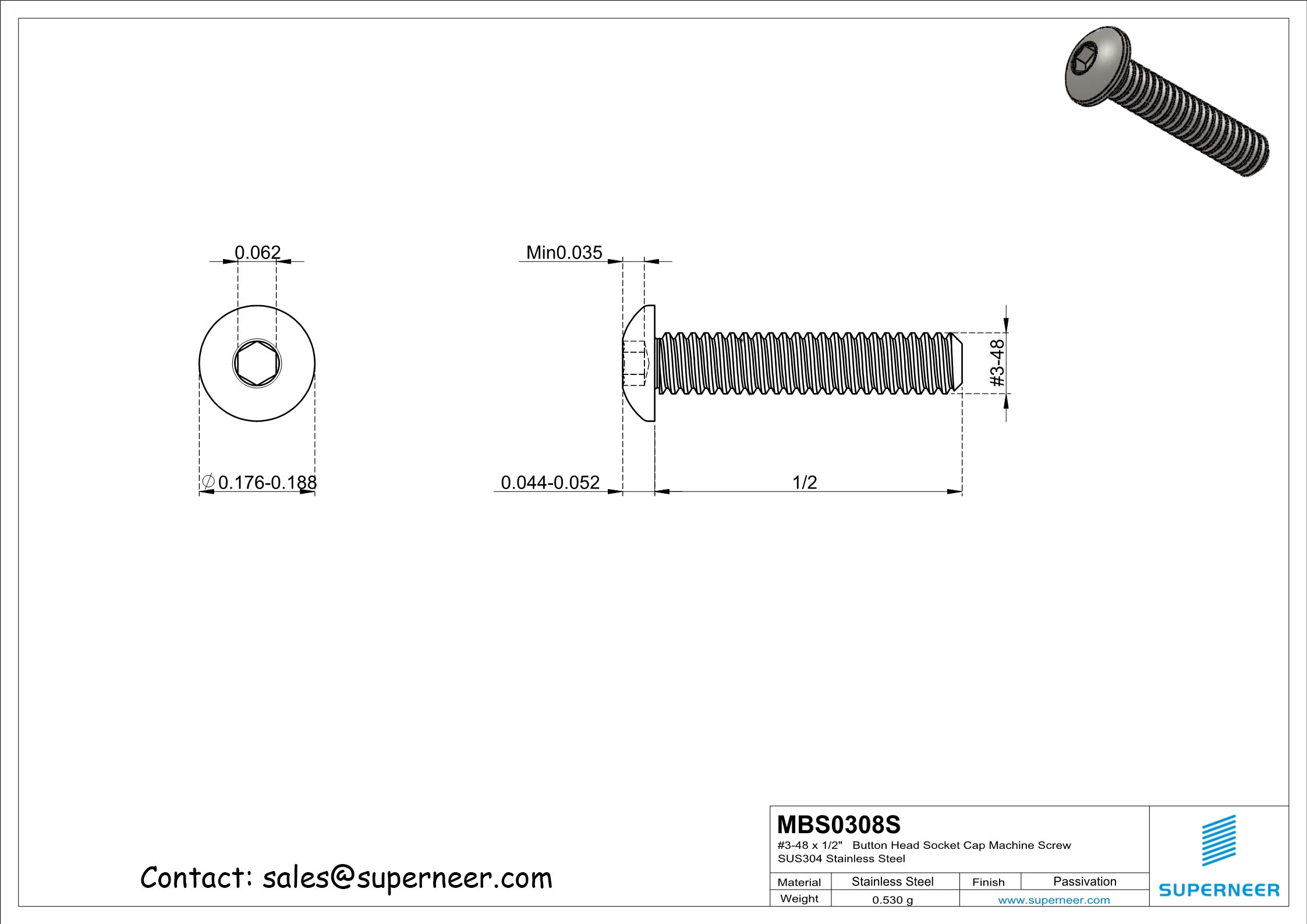 3-48 x 1/2"  Button Head Socket Cap Machine Screw SUS304 Stainless Steel Inox