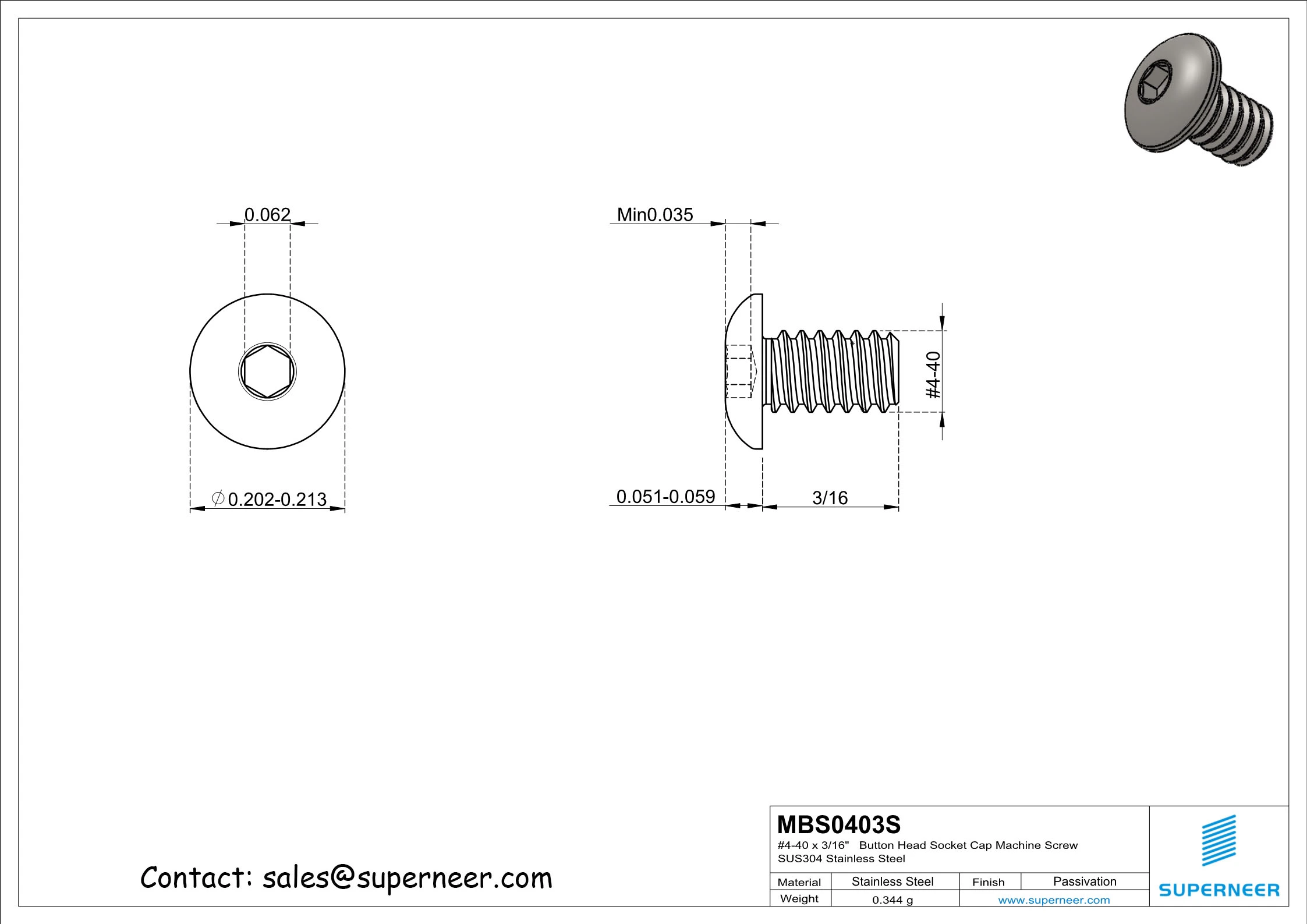 4-40 x 3/16"   Button Head Socket Cap Machine Screw SUS304 Stainless Steel Inox