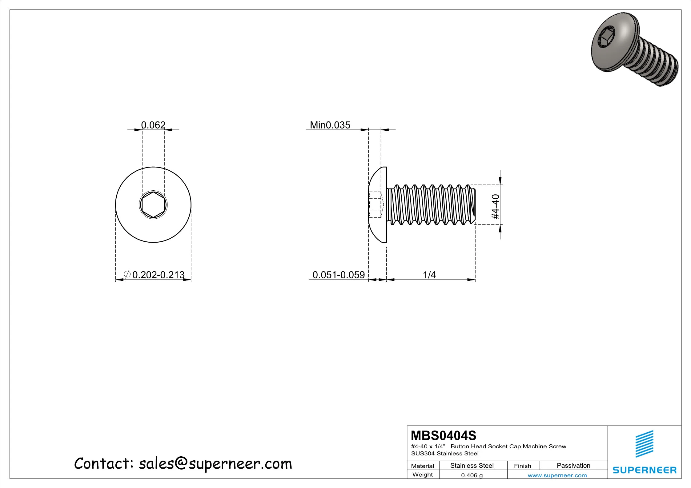 4-40 x 1/4"  Button Head Socket Cap Machine Screw SUS304 Stainless Steel Inox