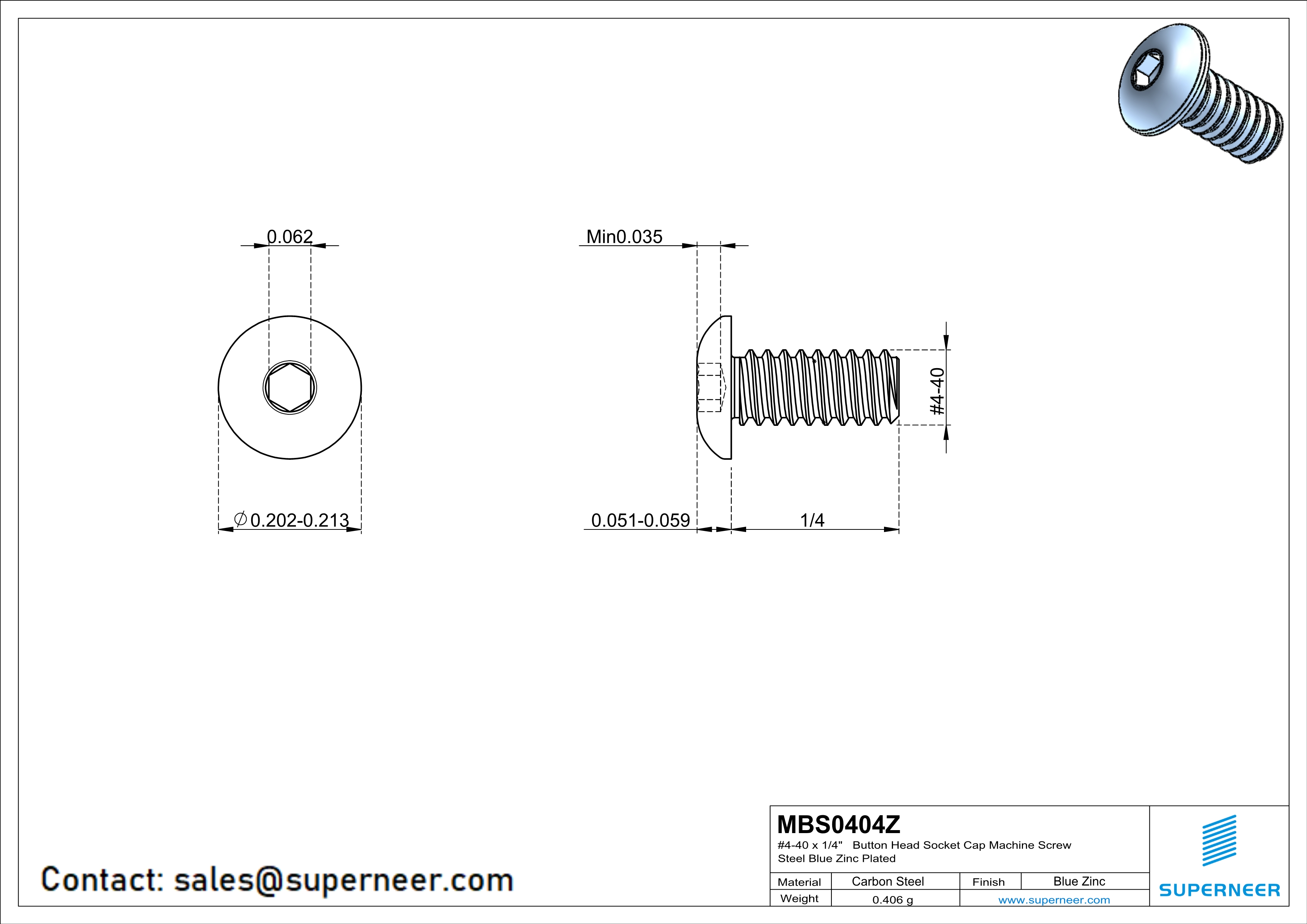 4-40 x 1/4" Button Head Socket Cap Machine Screw Steel Blue Zinc Plated