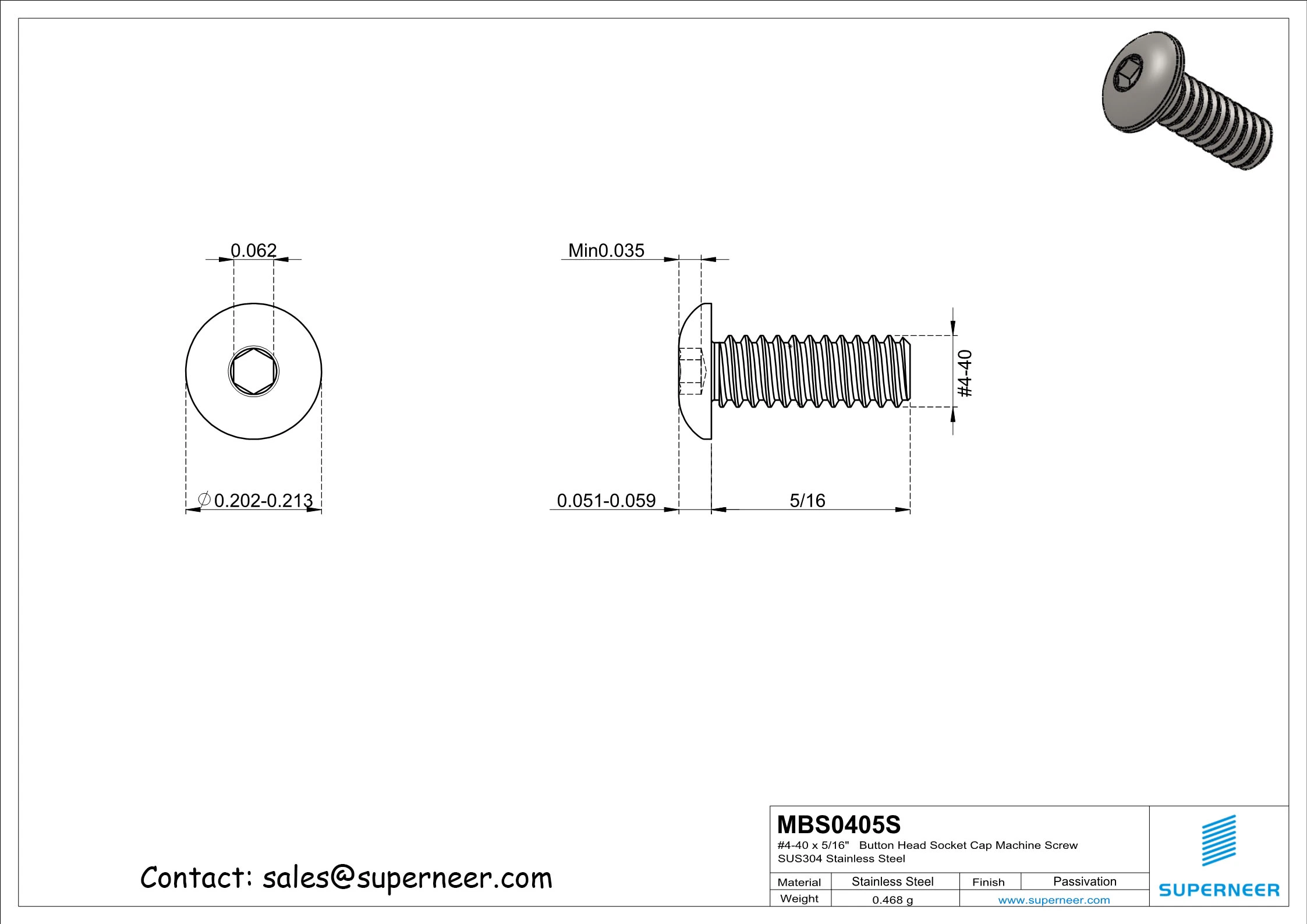 4-40 x 5/16"   Button Head Socket Cap Machine Screw SUS304 Stainless Steel Inox