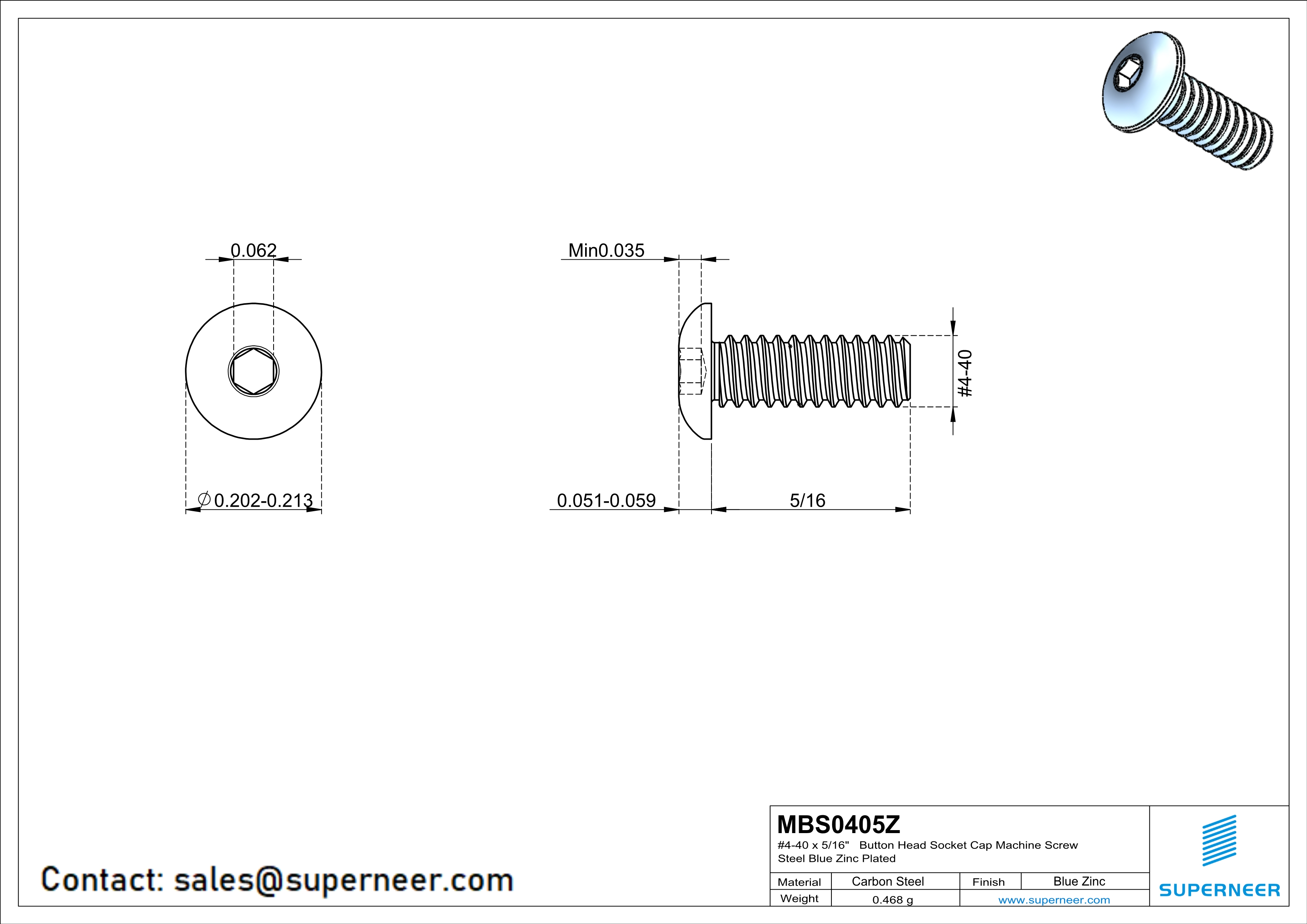 4-40 x 5/16"  Button Head Socket Cap Machine Screw Steel Blue Zinc Plated