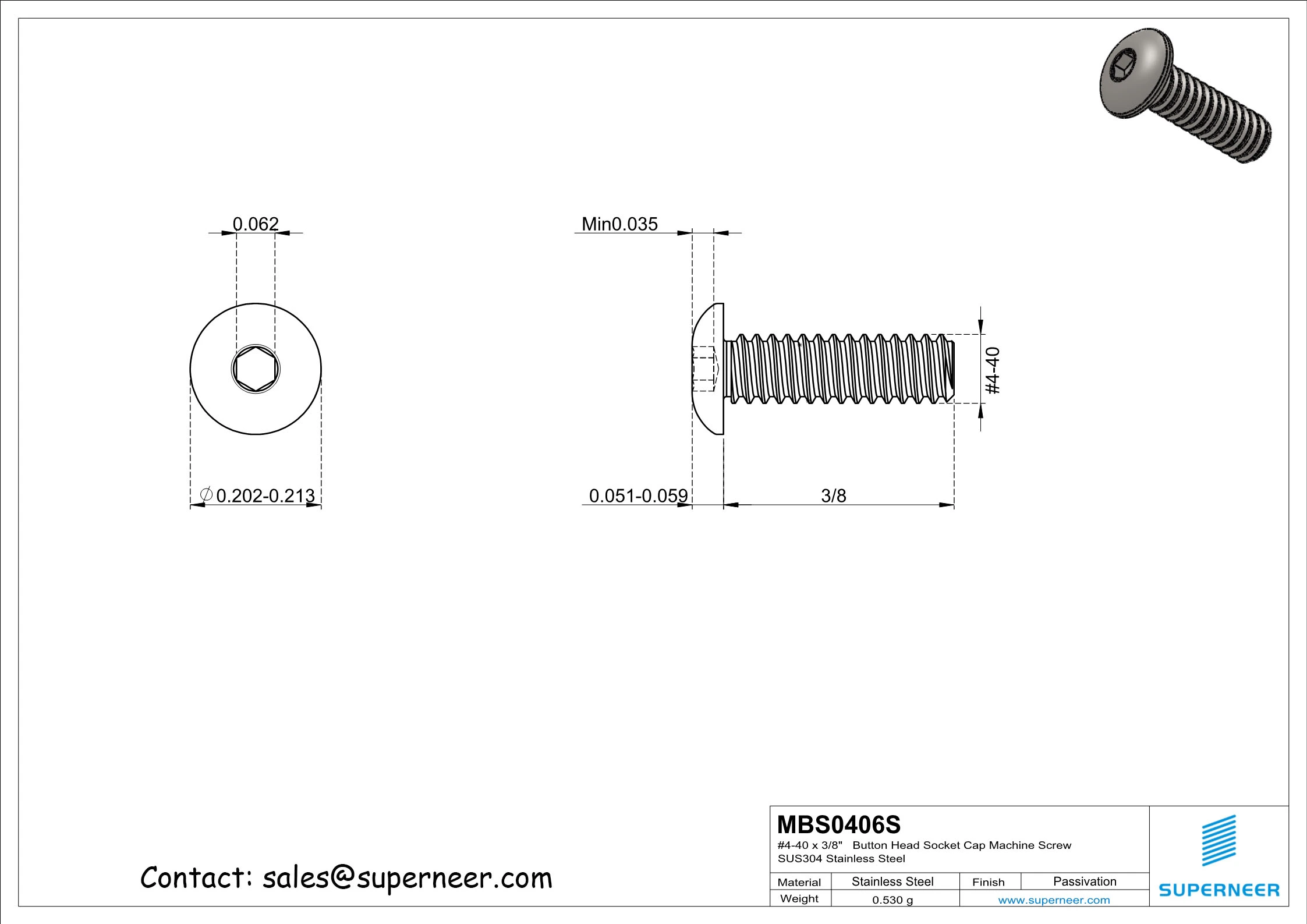 4-40 x 3/8"  Button Head Socket Cap Machine Screw SUS304 Stainless Steel Inox