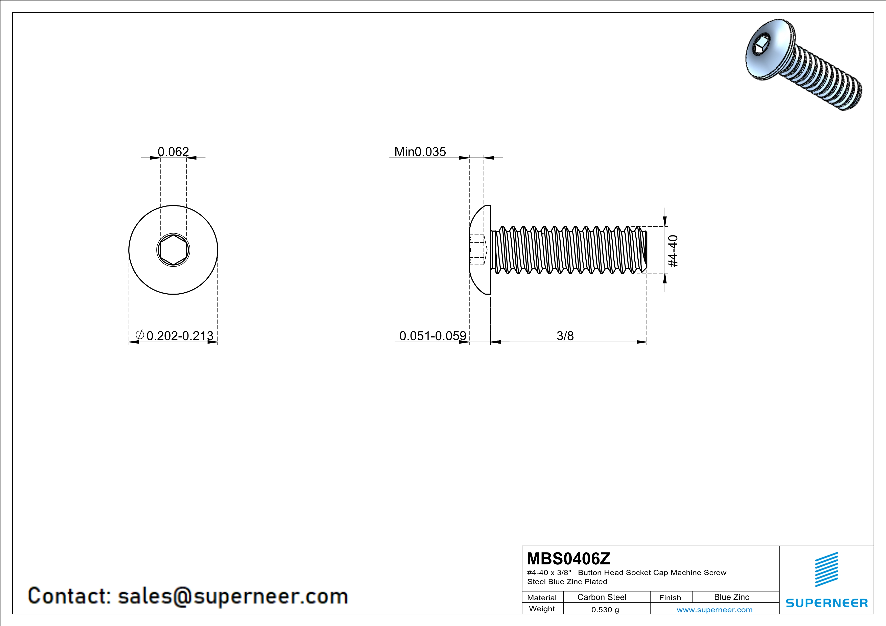 4-40 x 3/8" Button Head Socket Cap Machine Screw Steel Blue Zinc Plated