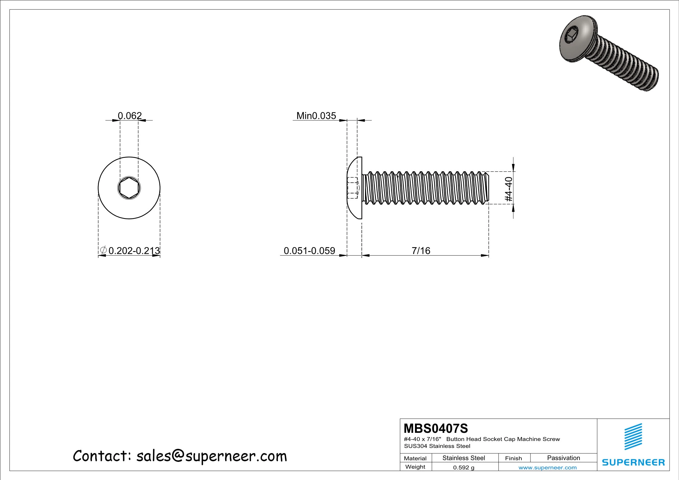 4-40 x 7/16"  Button Head Socket Cap Machine Screw SUS304 Stainless Steel Inox