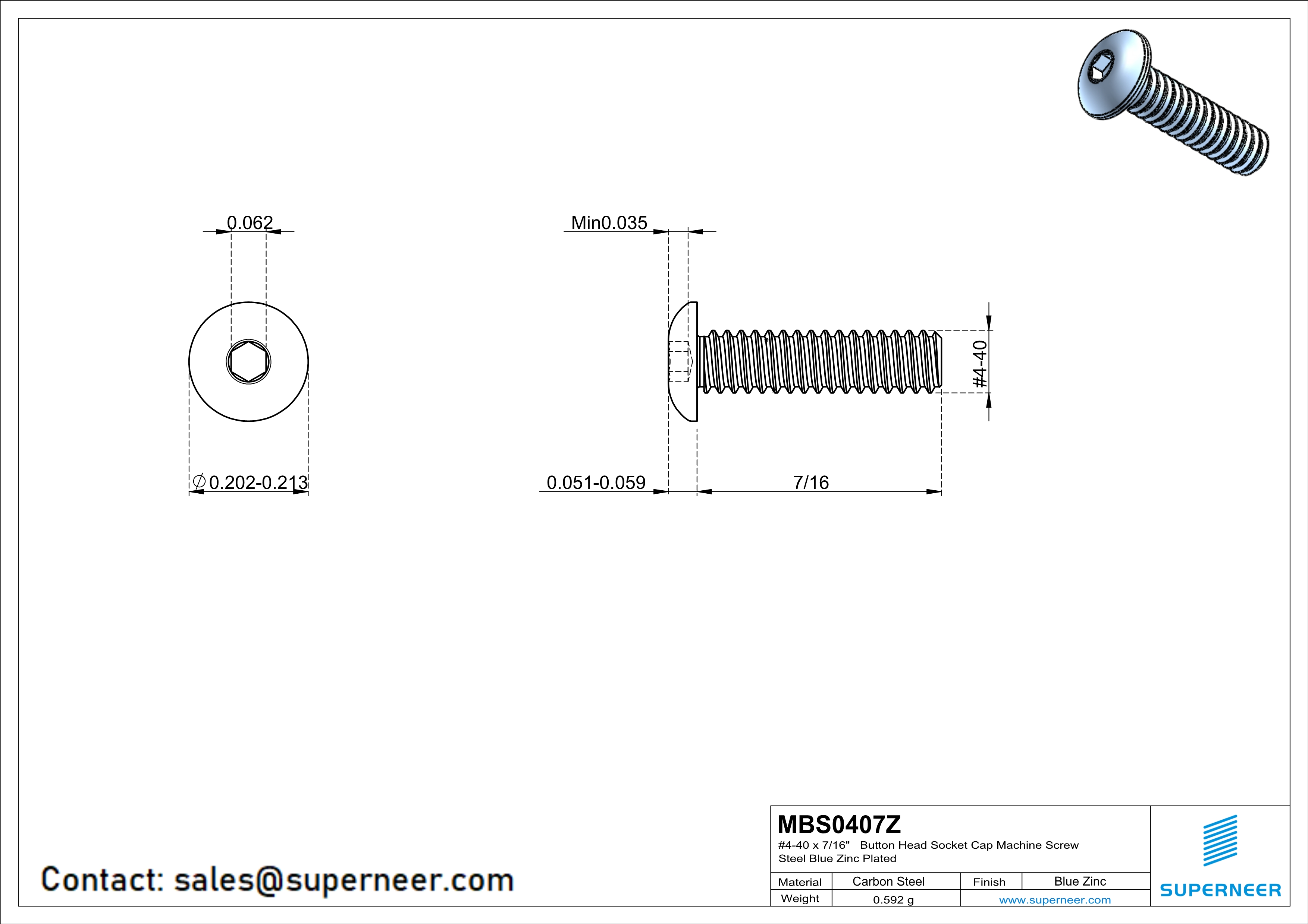 4-40 x 1/2" Button Head Socket Cap Machine Screw Steel Blue Zinc Plated