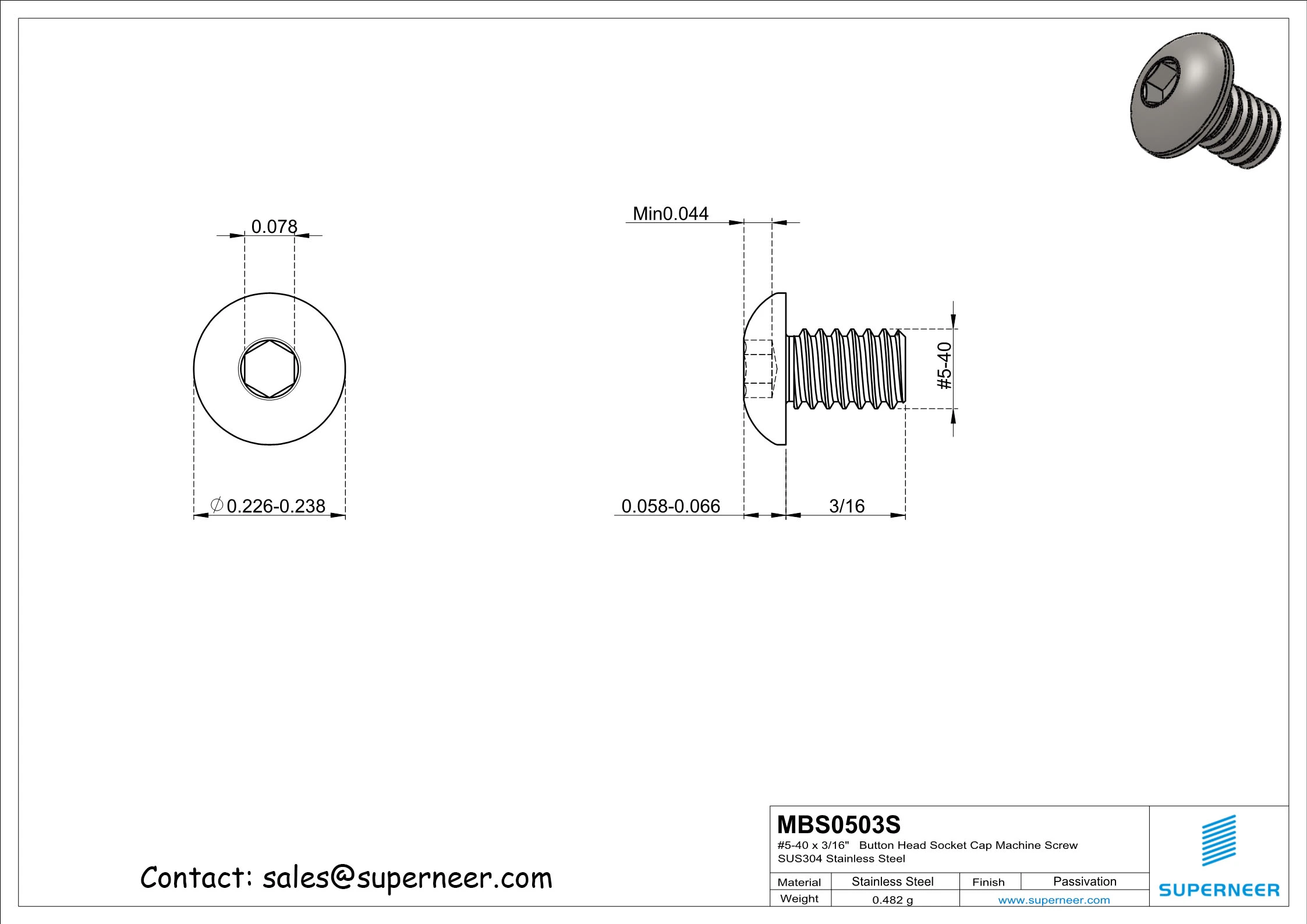 5-40 x 3/16"   Button Head Socket Cap Machine Screw SUS304 Stainless Steel Inox