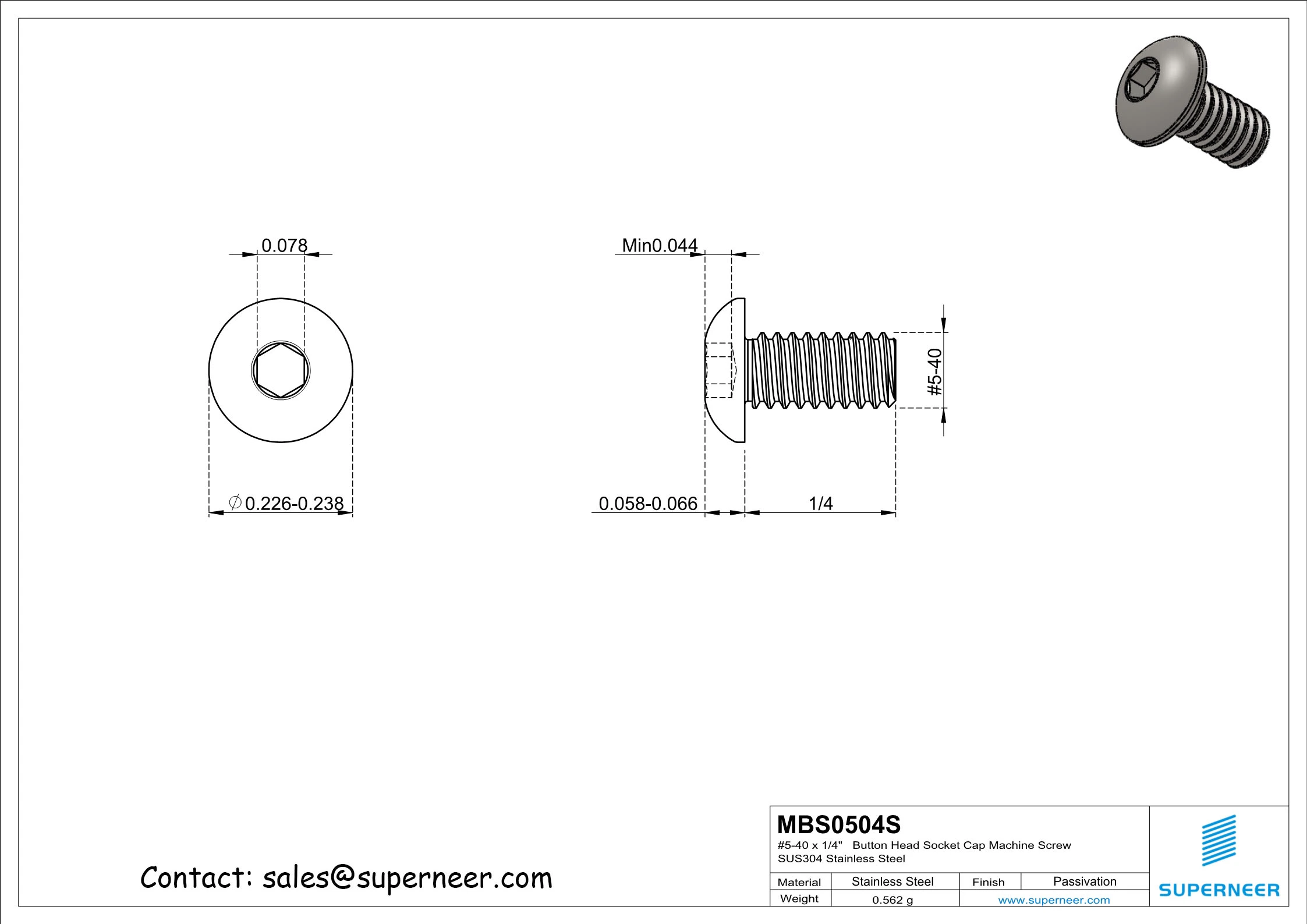 5-40 x 1/4"  Button Head Socket Cap Machine Screw SUS304 Stainless Steel Inox