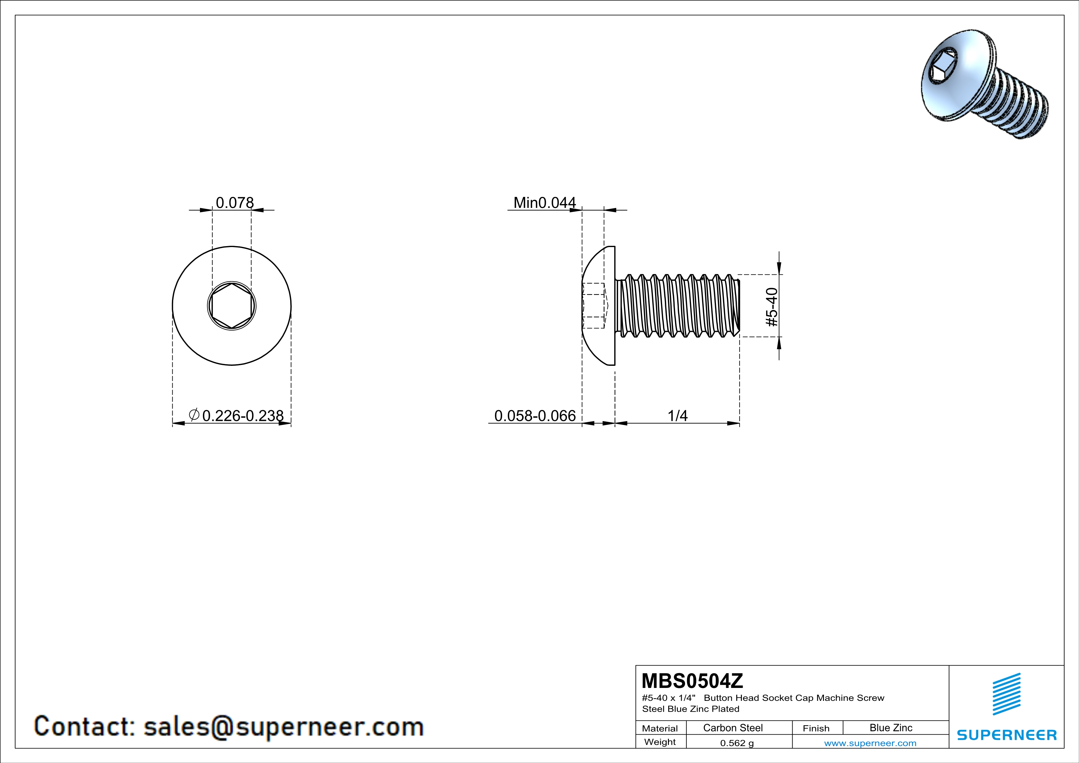 5-40 x 1/4" Button Head Socket Cap Machine Screw Steel Blue Zinc Plated