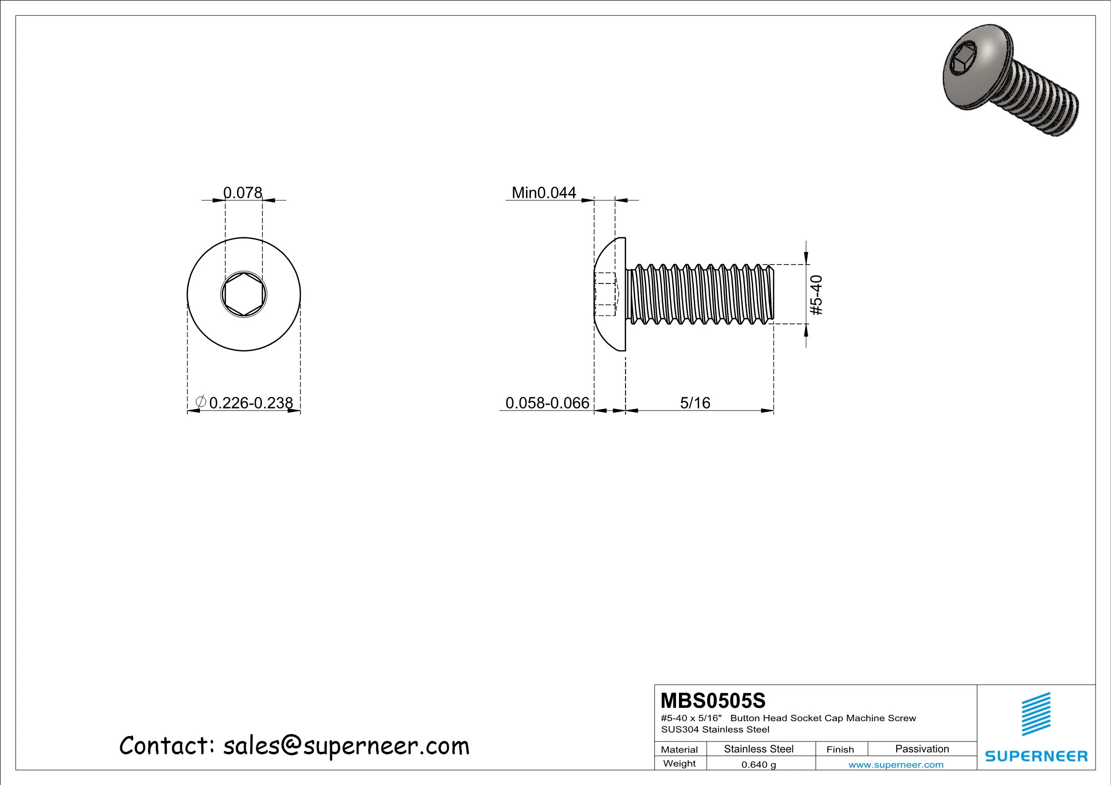 5-40 x 5/16"   Button Head Socket Cap Machine Screw SUS304 Stainless Steel Inox