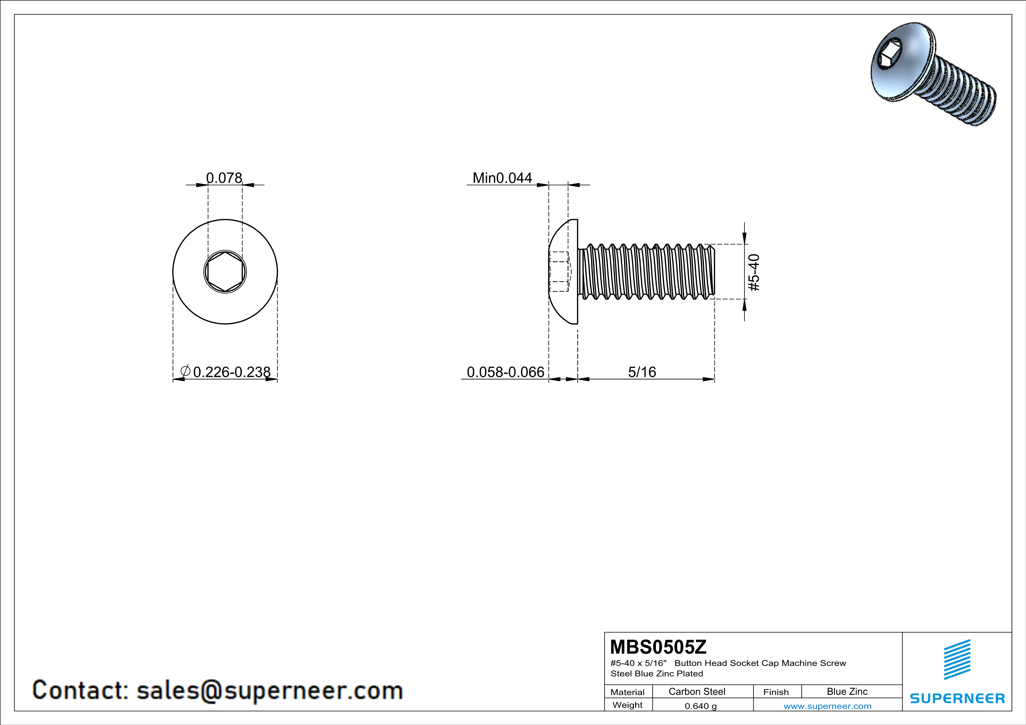 5-40 x 5/16"  Button Head Socket Cap Machine Screw Steel Blue Zinc Plated