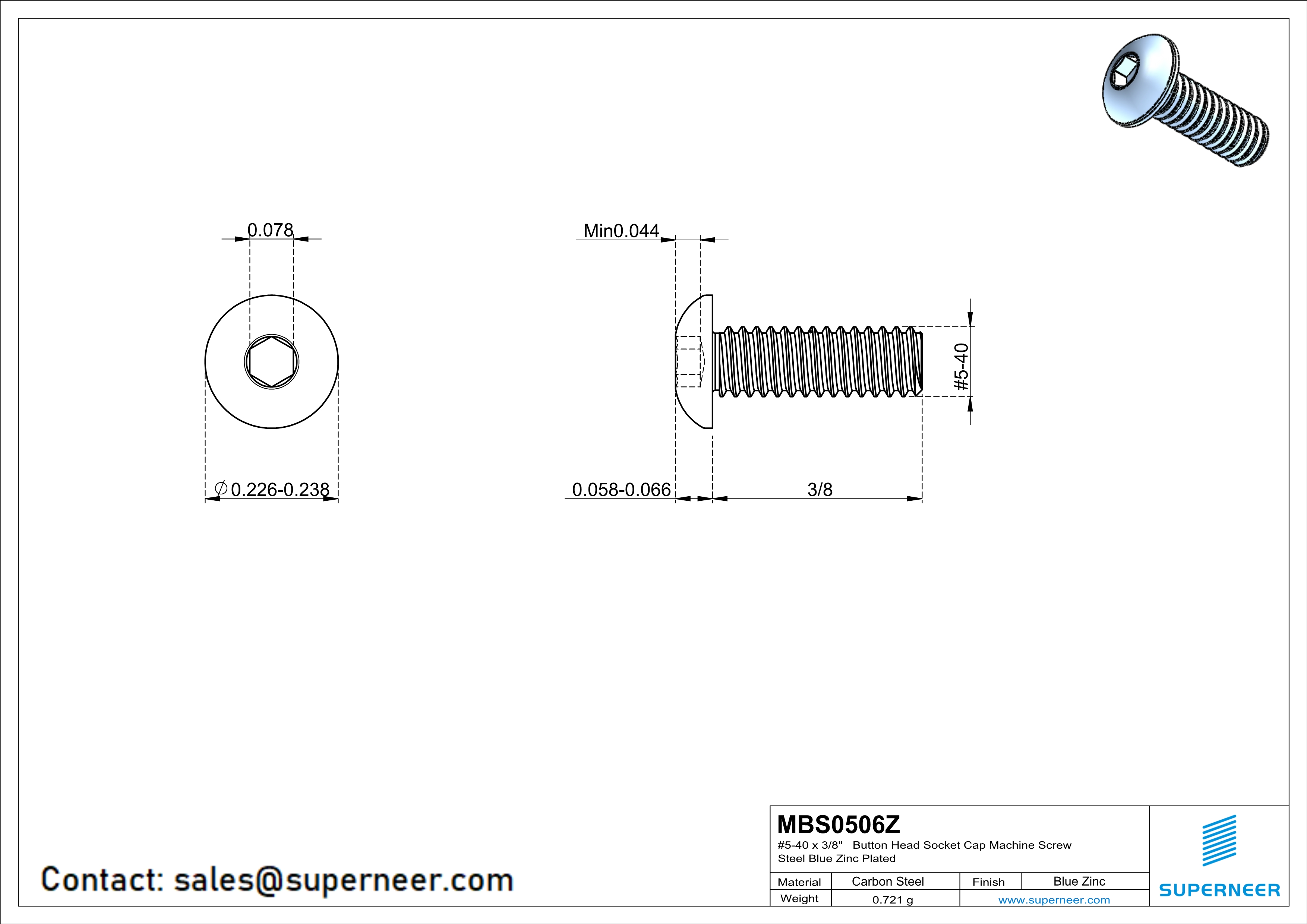 5-40 x 3/8" Button Head Socket Cap Machine Screw Steel Blue Zinc Plated