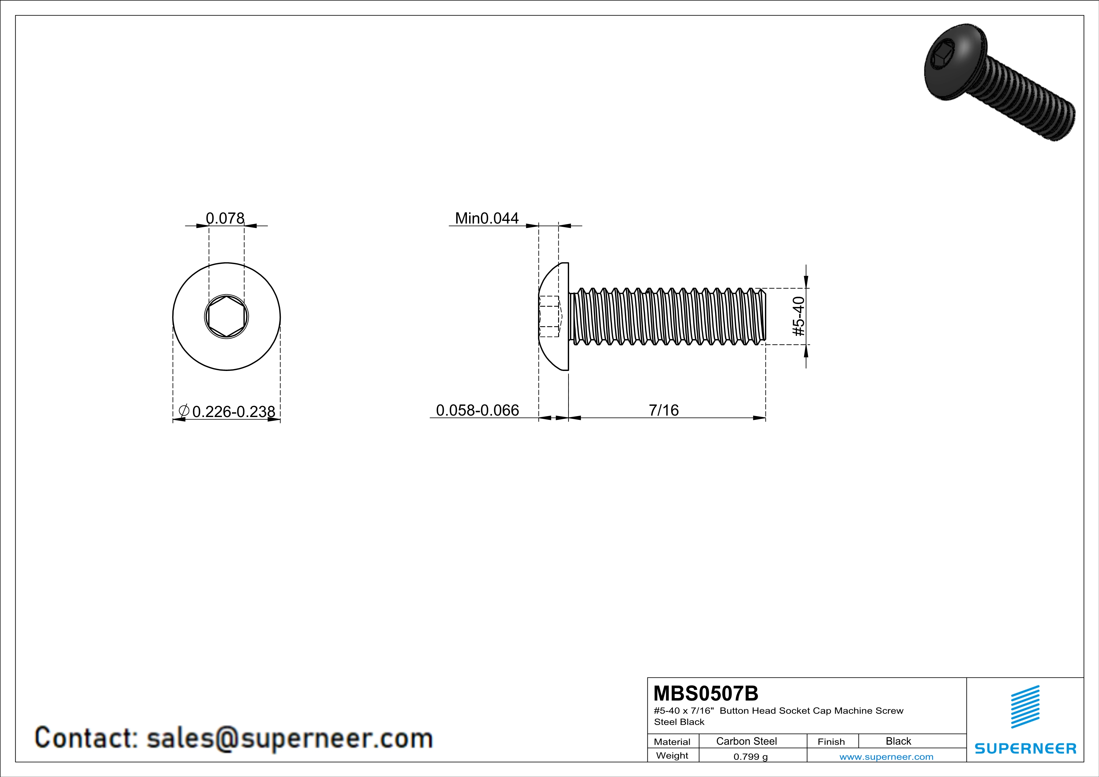 5-40 x 7/16" Button Head Socket Cap Machine Screw Steel Black