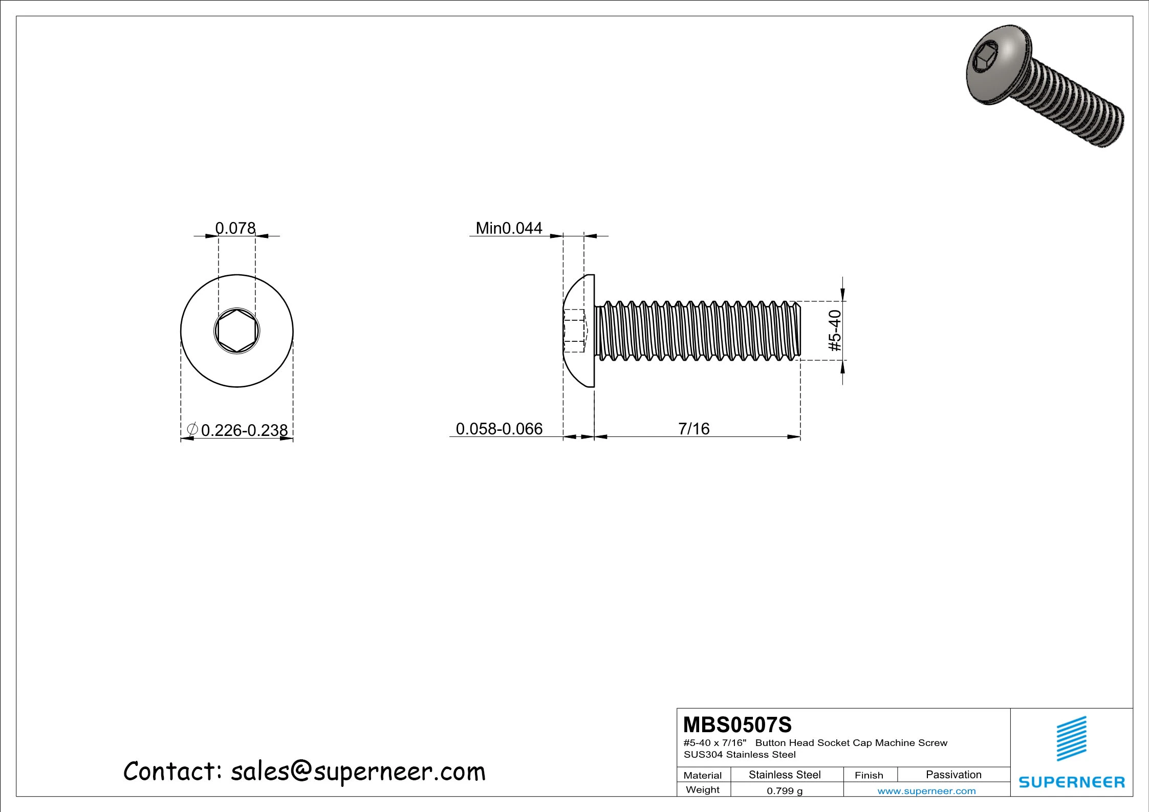 5-40 x 7/16" Button Head Socket Cap Machine Screw SUS304 Stainless Steel Inox