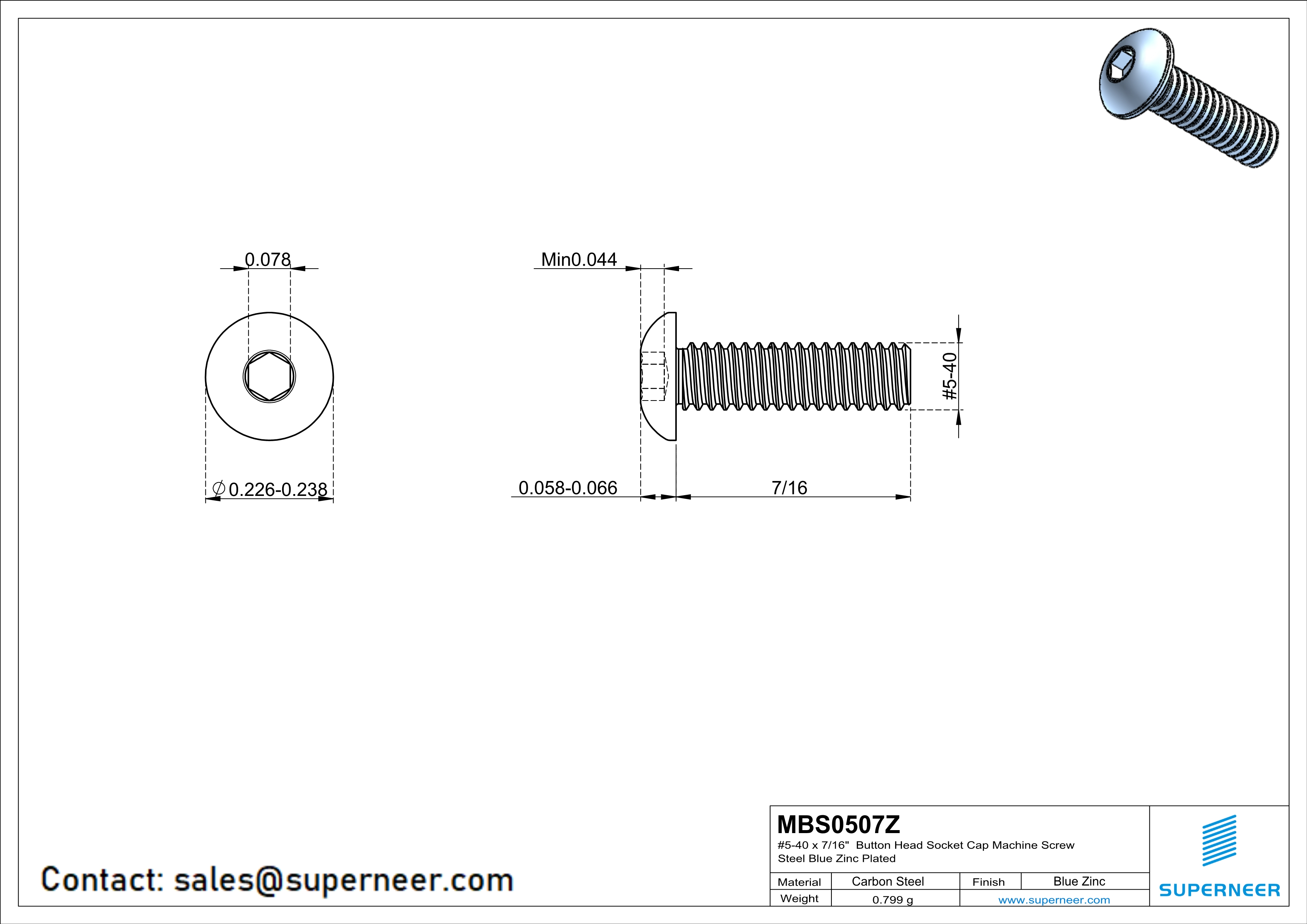 5-40 x 7/16" Button Head Socket Cap Machine Screw Steel Blue Zinc Plated