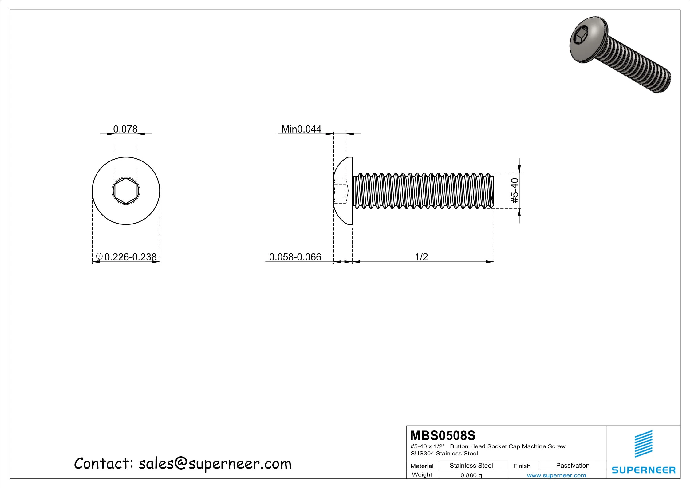 5-40 x 1/2"  Button Head Socket Cap Machine Screw SUS304 Stainless Steel Inox