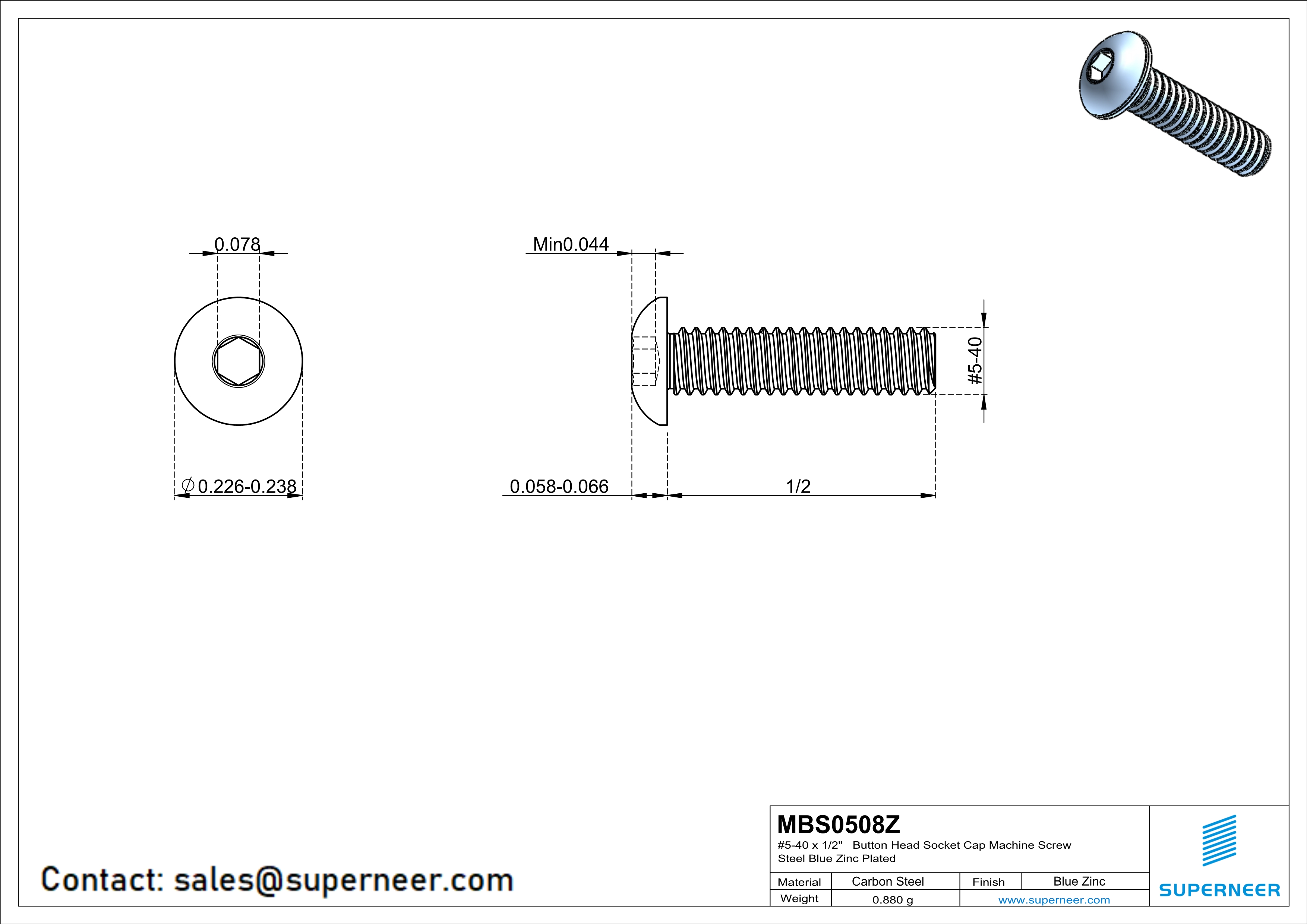 5-40 x 1/2" Button Head Socket Cap Machine Screw Steel Blue Zinc Plated