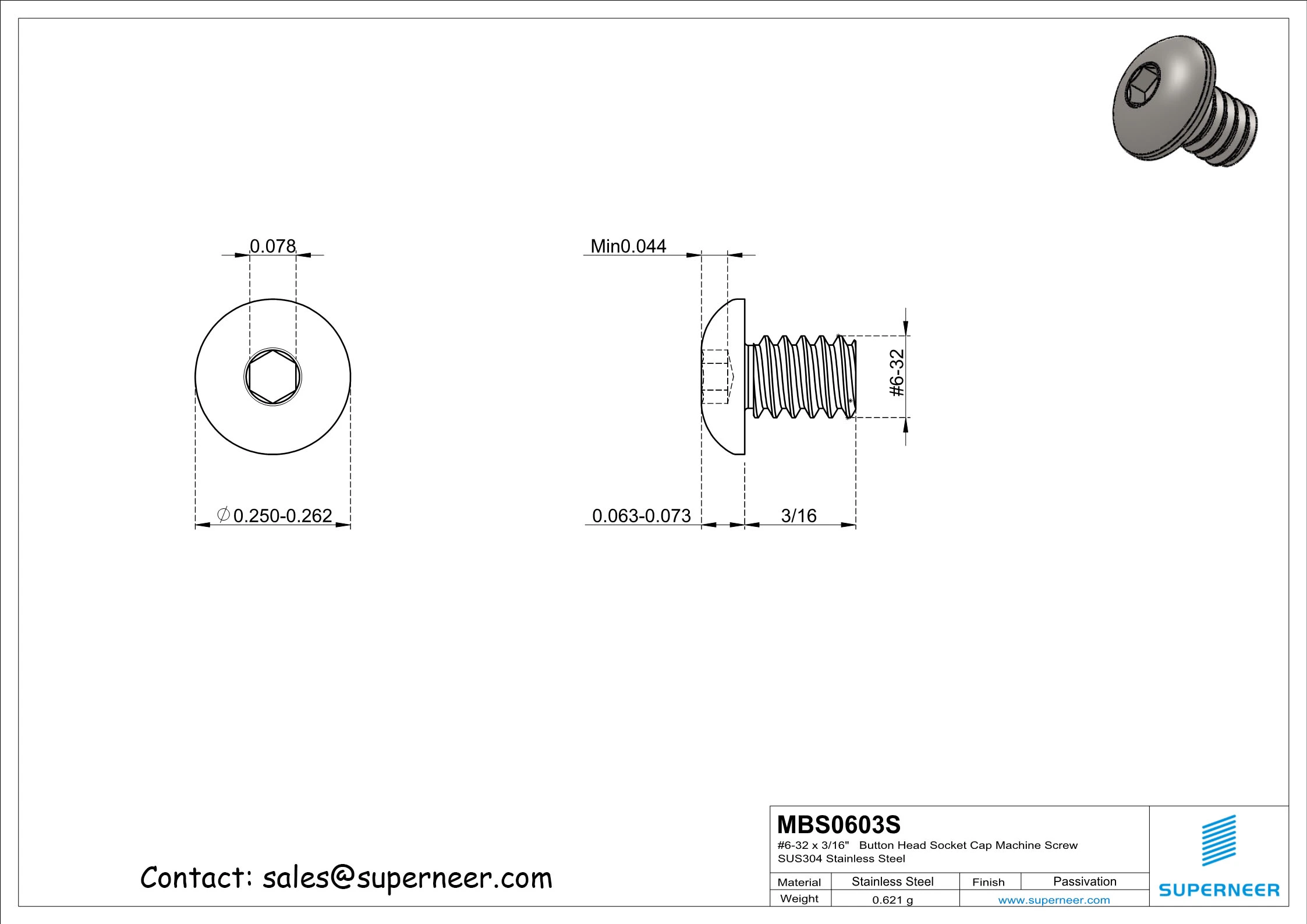 6-32 x 3/16"   Button Head Socket Cap Machine Screw SUS304 Stainless Steel Inox