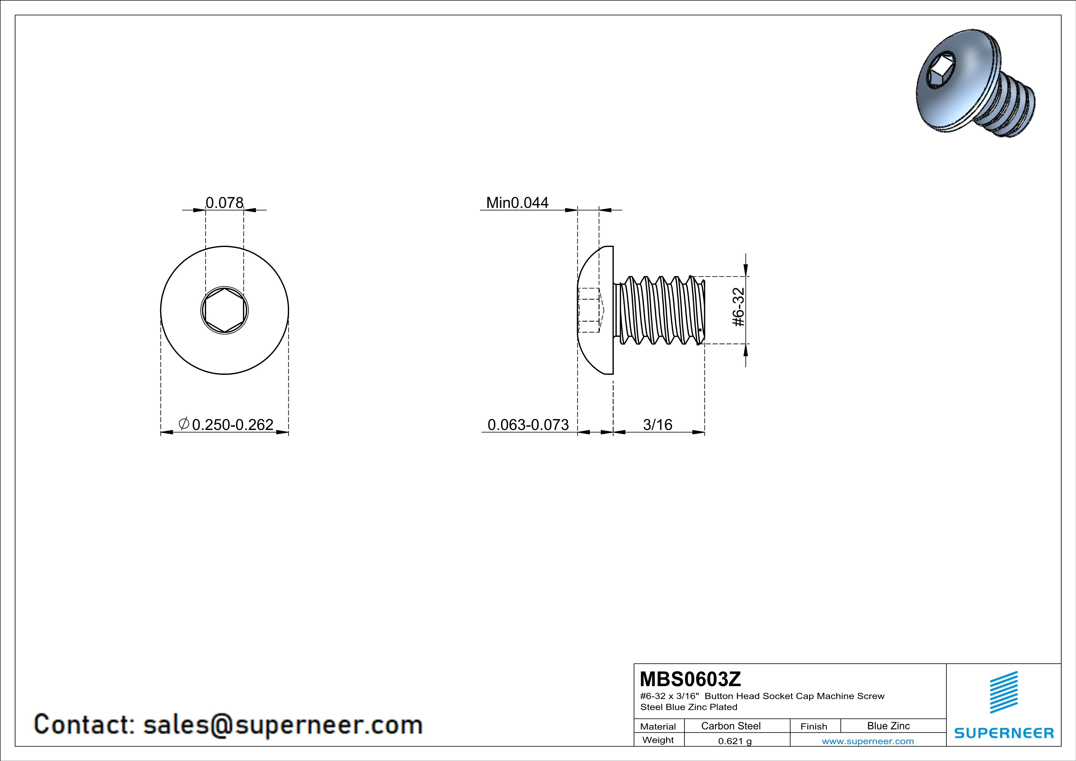 6-32 x 3/16"  Button Head Socket Cap Machine Screw Steel Blue Zinc Plated