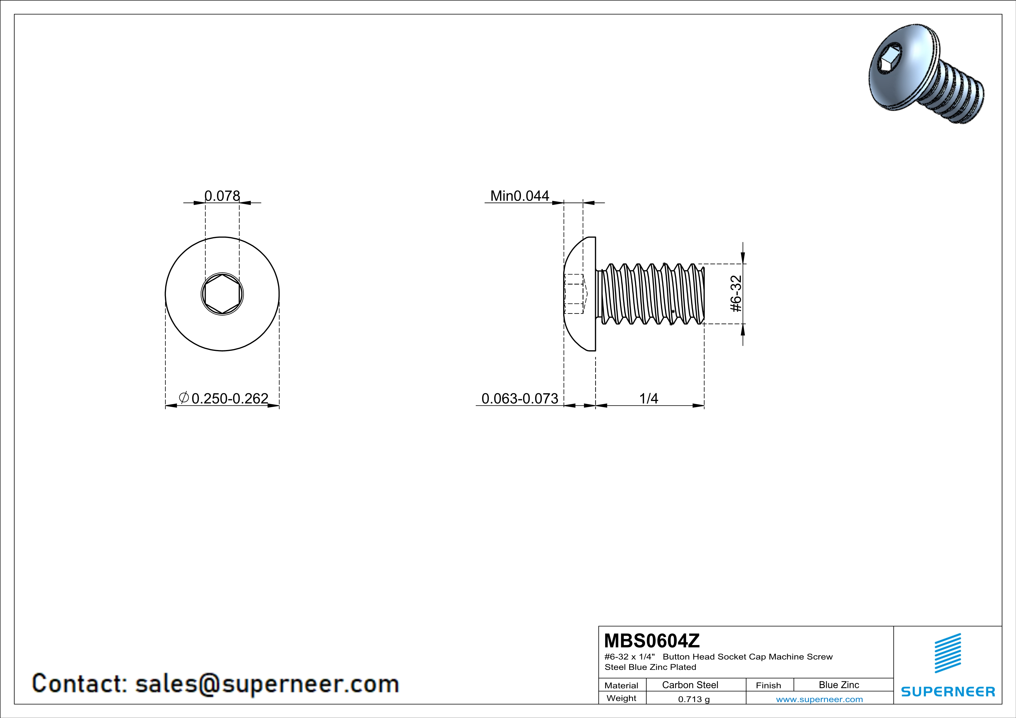 6-32 x 1/4" Button Head Socket Cap Machine Screw Steel Blue Zinc Plated