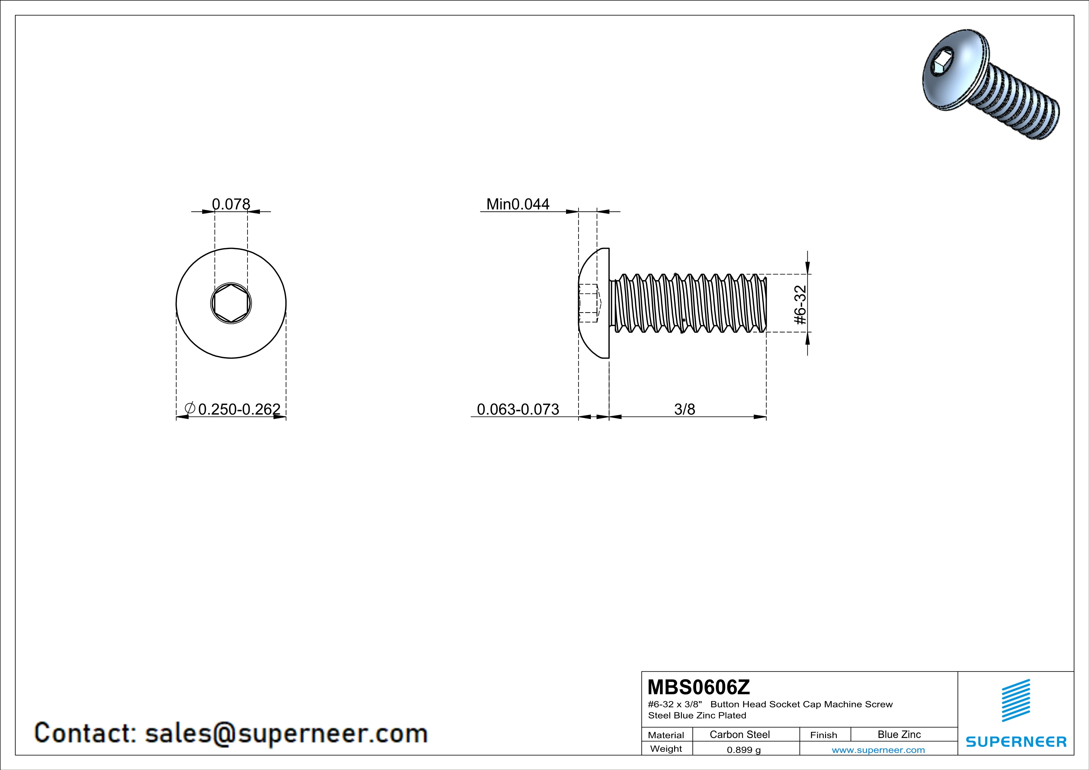 6-32 x 3/8" Button Head Socket Cap Machine Screw Steel Blue Zinc Plated