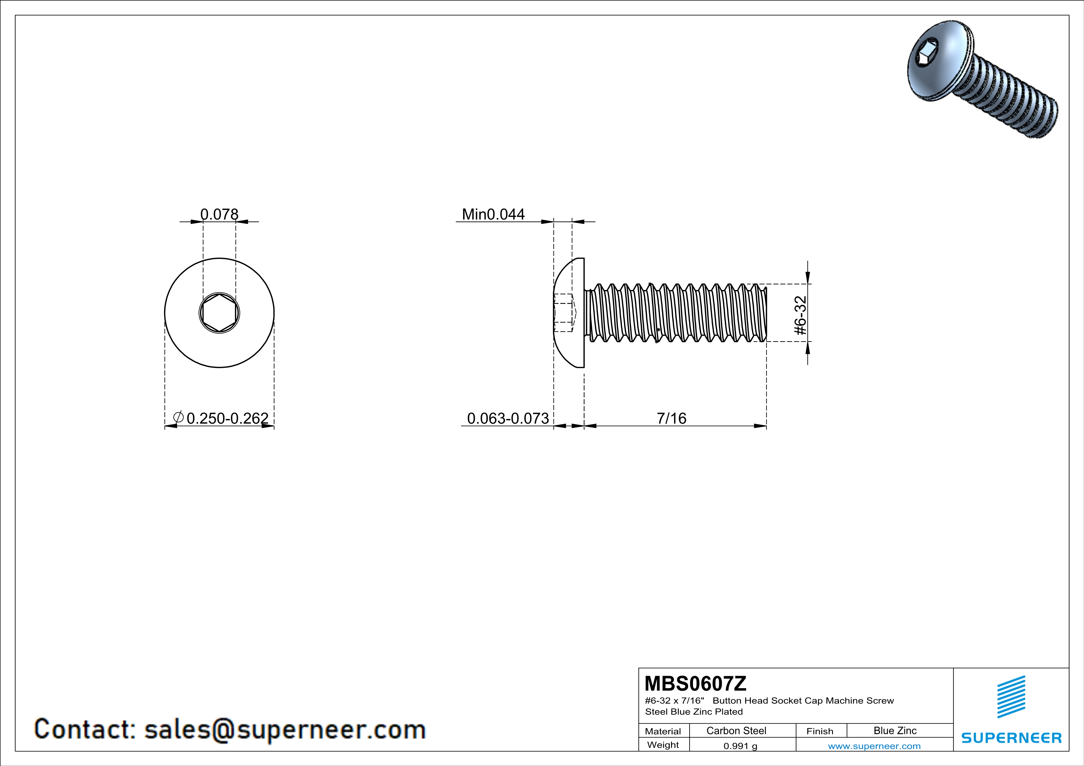 6-32 x 7/16" Button Head Socket Cap Machine Screw Steel Blue Zinc Plated