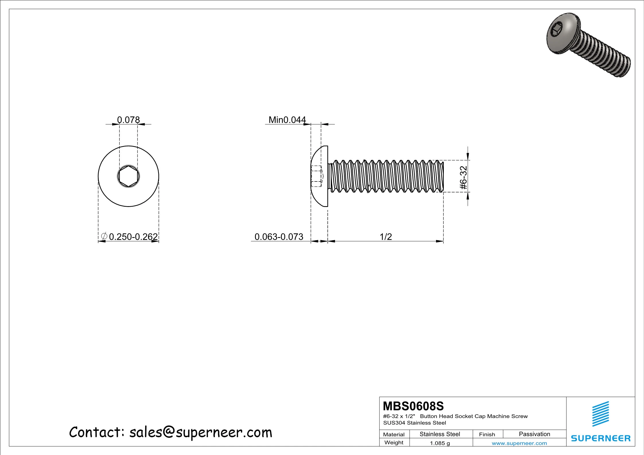 6-32  x 1/2"  Button Head Socket Cap Machine Screw SUS304 Stainless Steel Inox