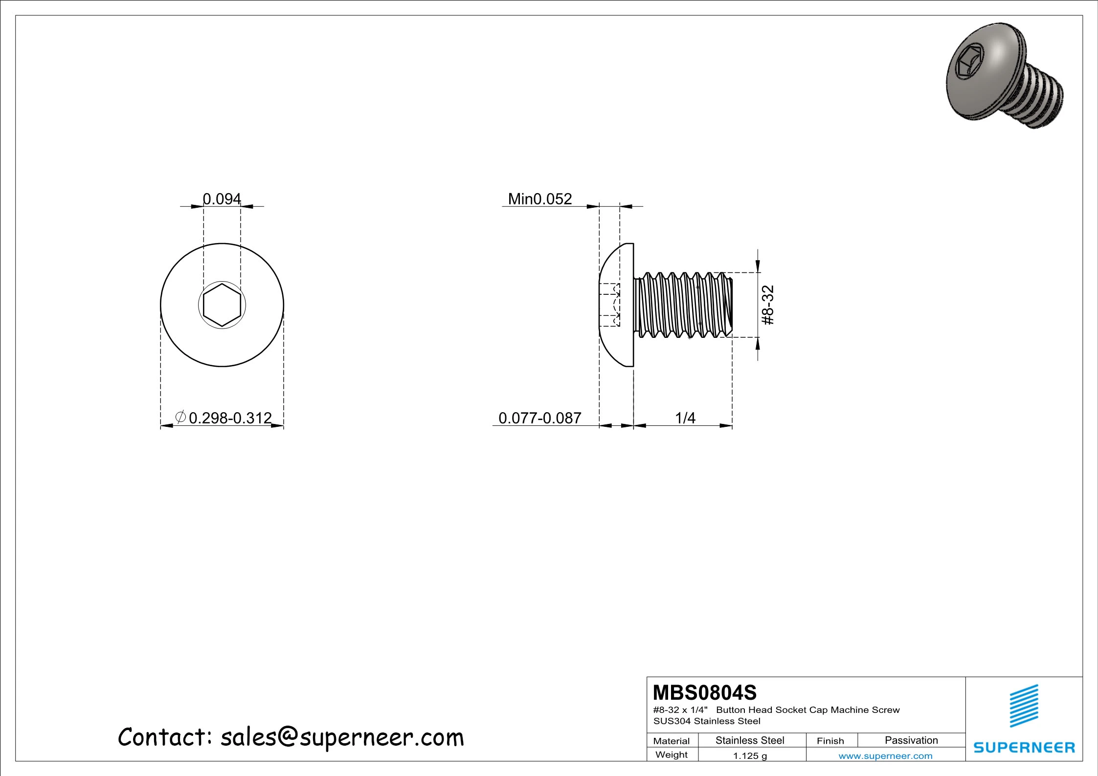 8-32 x 1/4"  Button Head Socket Cap Machine Screw SUS304 Stainless Steel Inox