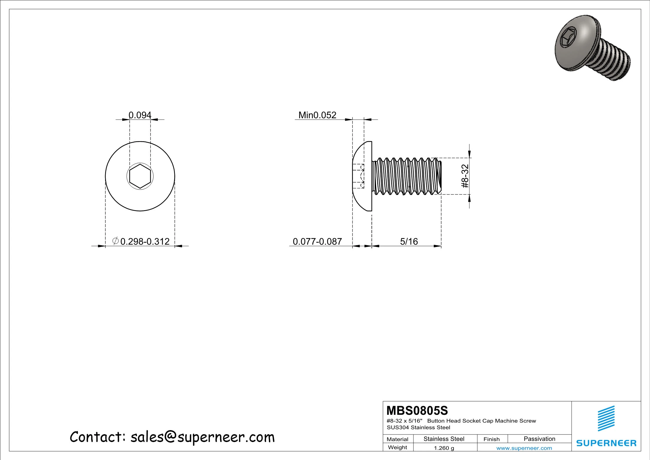 8-32 x 5/16"   Button Head Socket Cap Machine Screw SUS304 Stainless Steel Inox