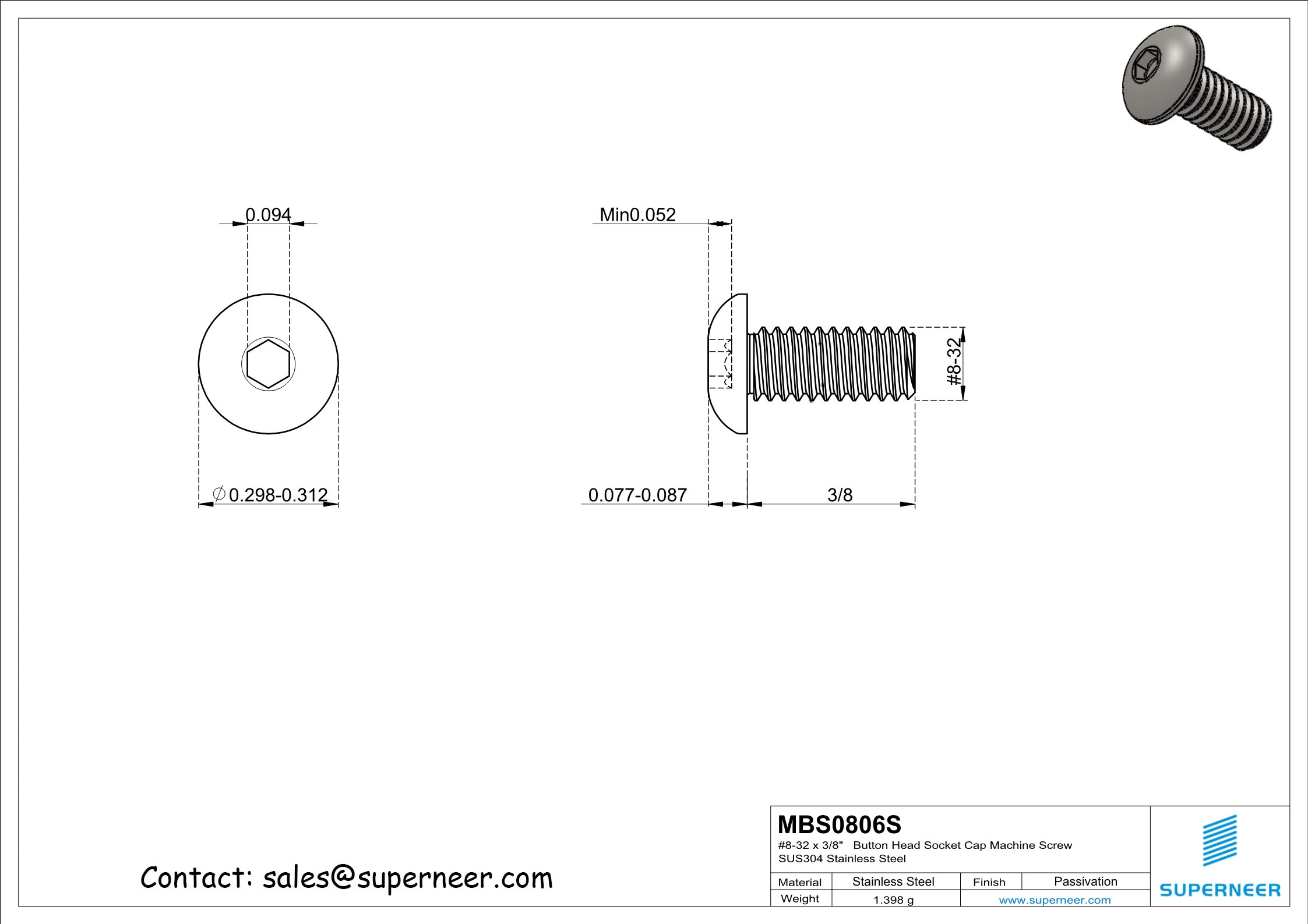 8-32 x 3/8"  Button Head Socket Cap Machine Screw SUS304 Stainless Steel Inox