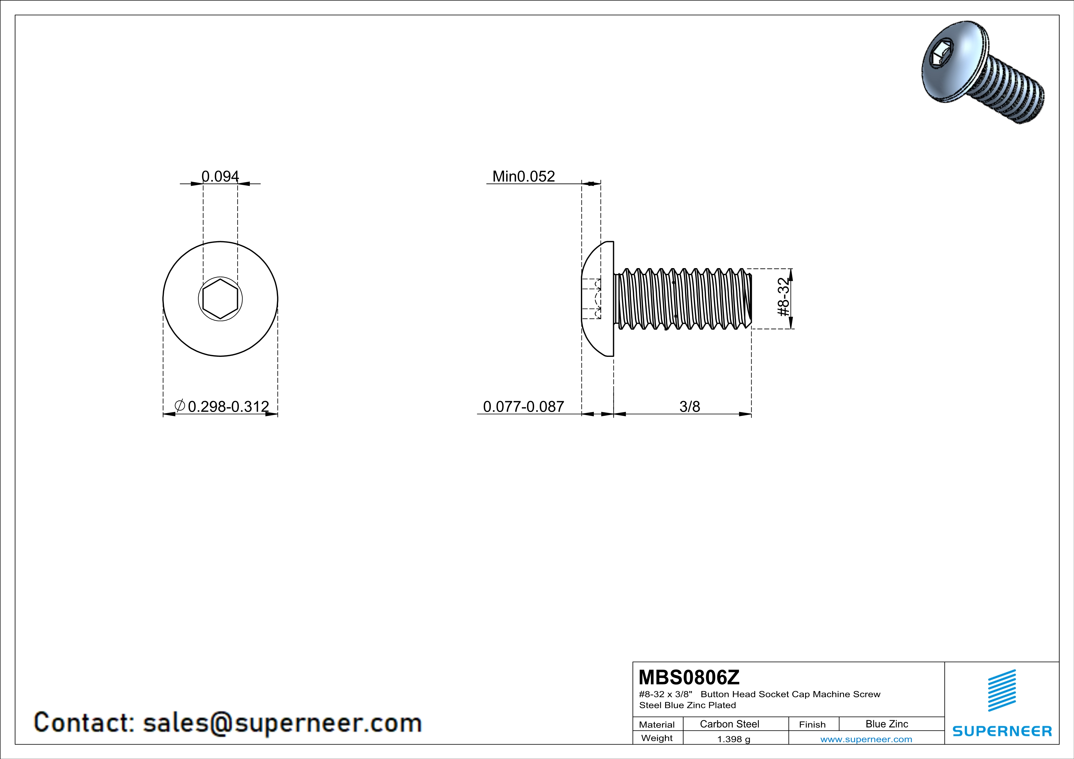 8-32 x 3/8" Button Head Socket Cap Machine Screw Steel Blue Zinc Plated