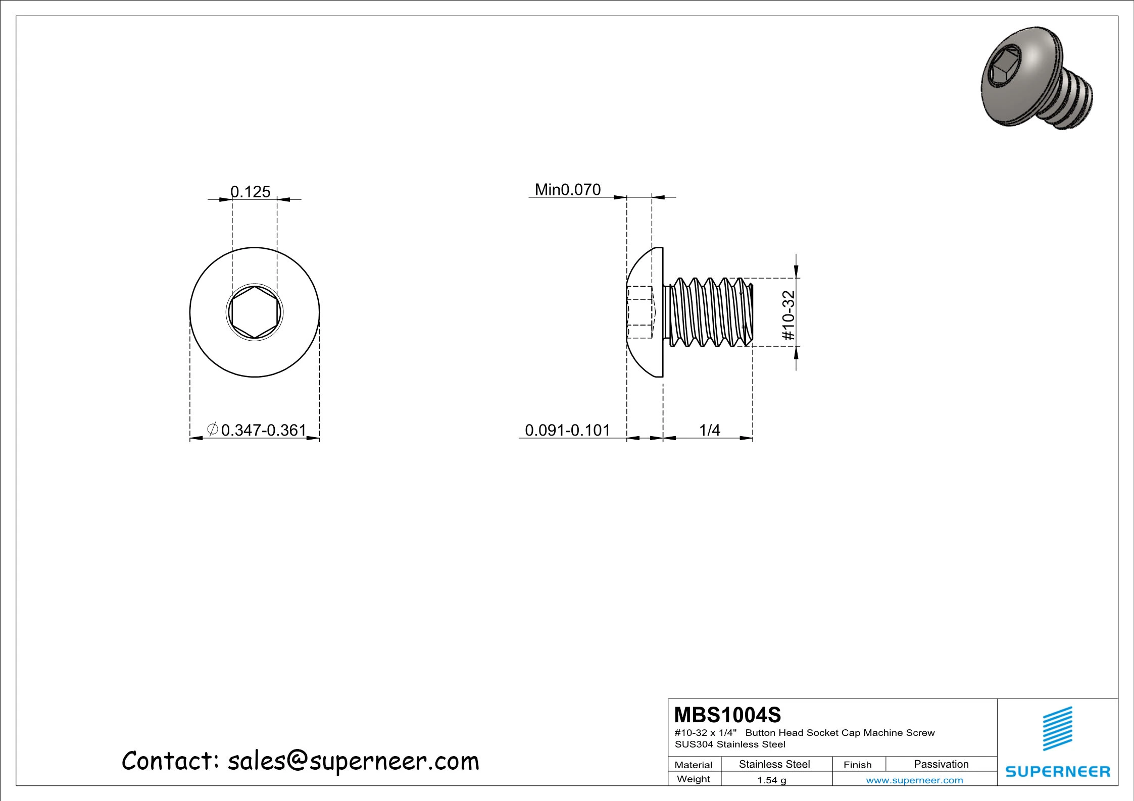 10-32 x 1/4"  Button Head Socket Cap Machine Screw SUS304 Stainless Steel Inox