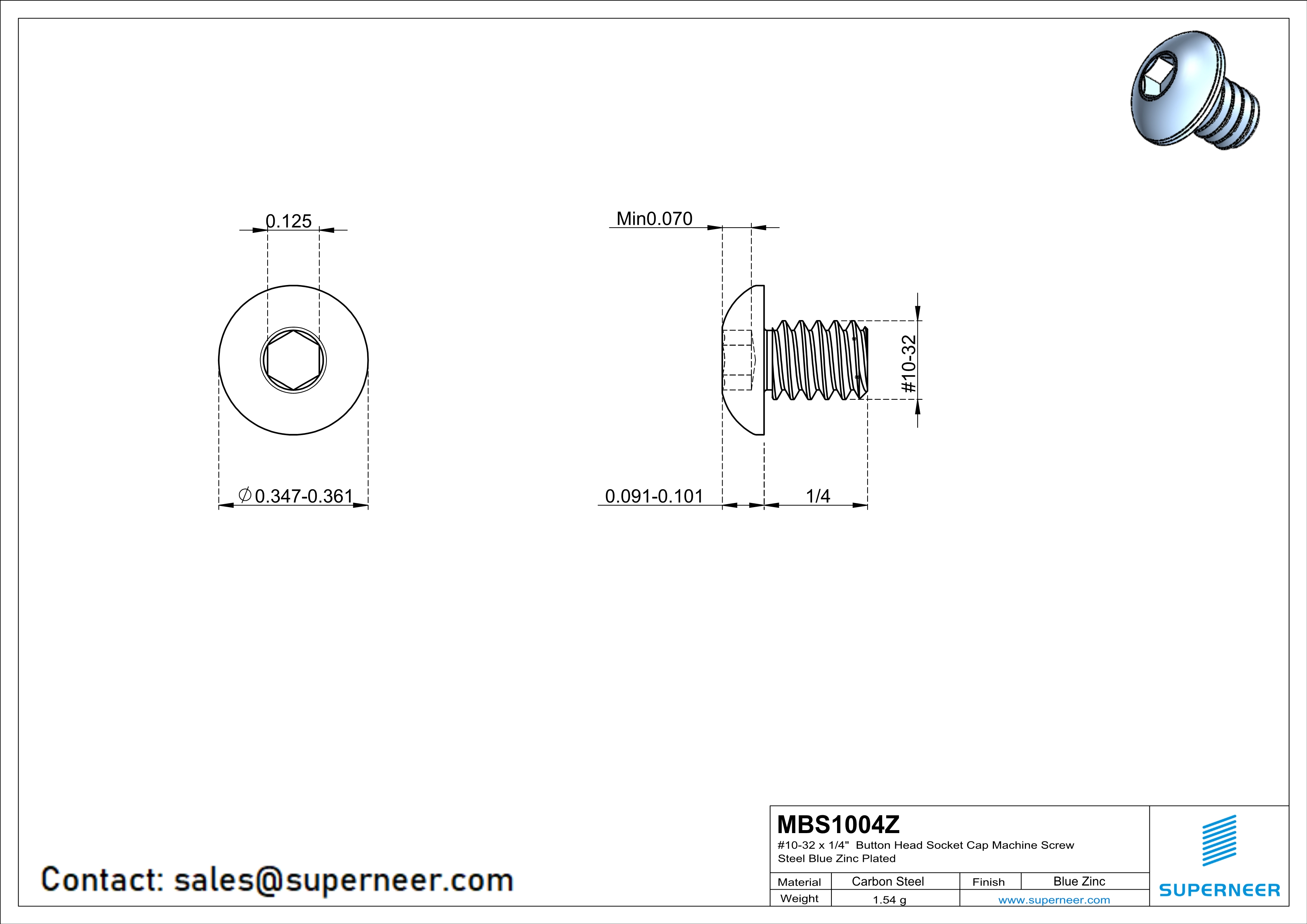 10-32 x 1/4" Button Head Socket Cap Machine Screw Steel Blue Zinc Plated