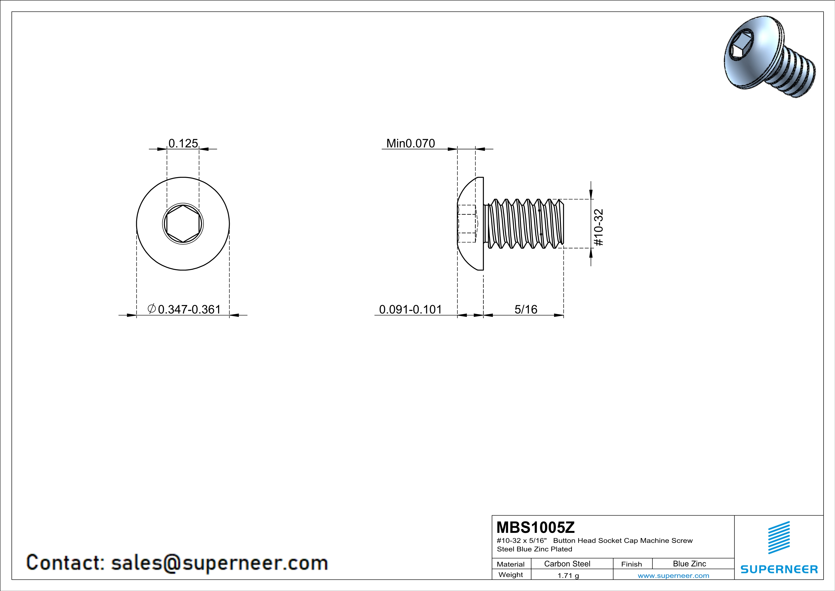10-32 x 5/16"  Button Head Socket Cap Machine Screw Steel Blue Zinc Plated