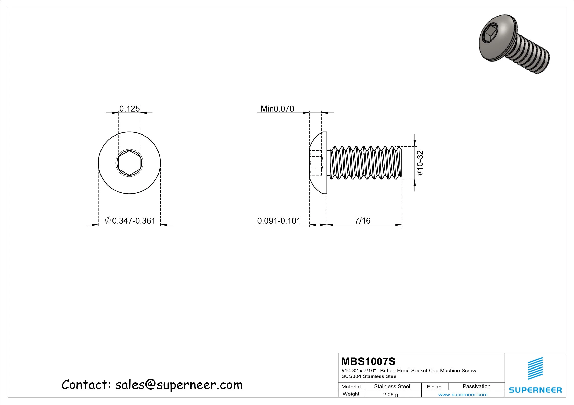 10-32 x 7/16"  Button Head Socket Cap Machine Screw SUS304 Stainless Steel Inox